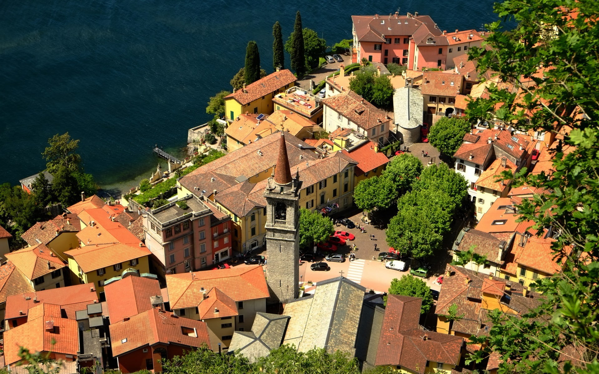 nature, sunlight, Lake Como, Italy, house, tree, cityscape, day, rooftops, built structure, no people, townscape, aerial view, architecture, building exterior, HD Wallpaper