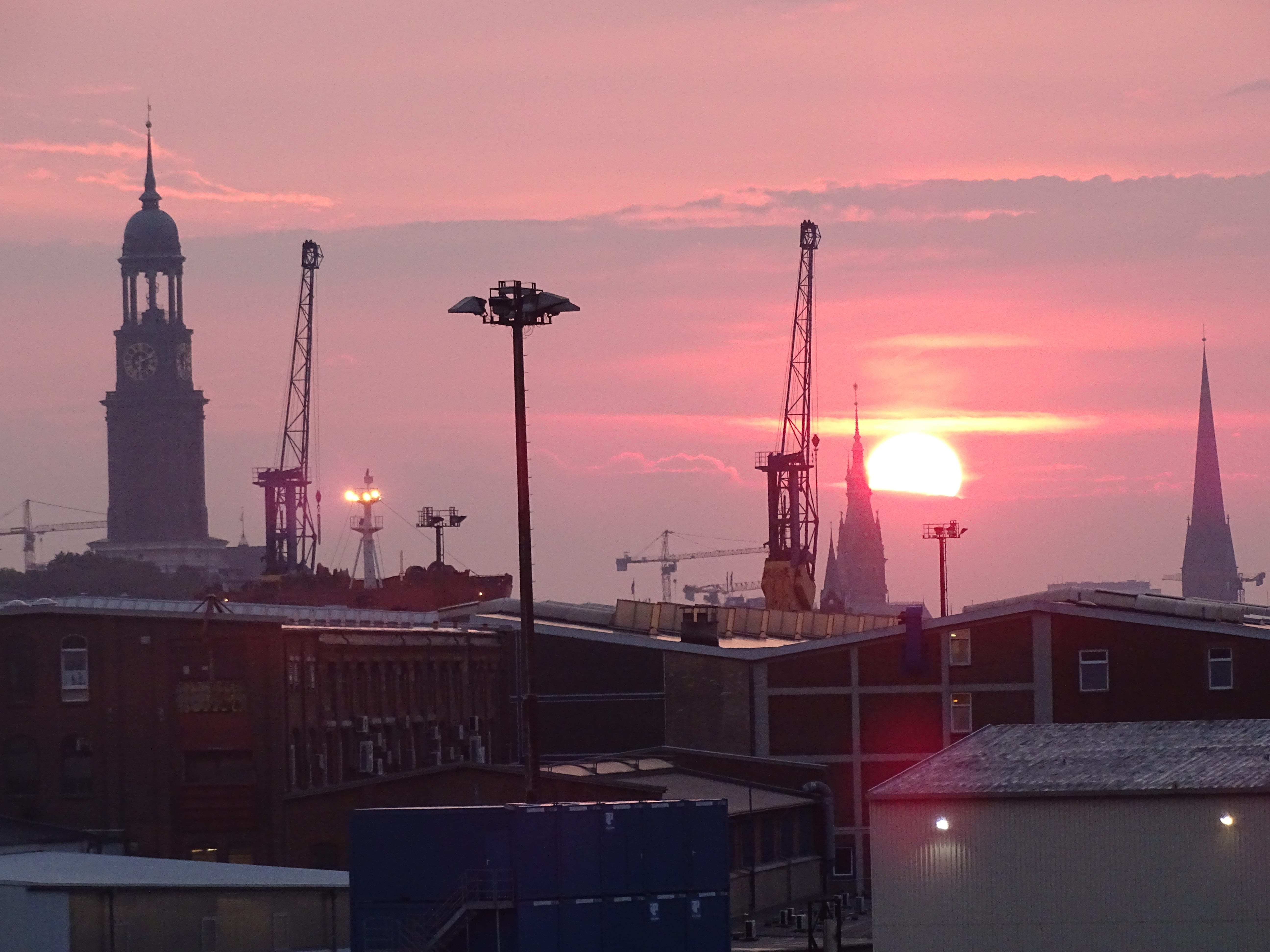 orange color, factory, hamburg, nautical vessel, 5K, evening, no people, architecture, outdoors, industry, sun, building, tower, city, dawn, spire, red sky, HD Wallpaper