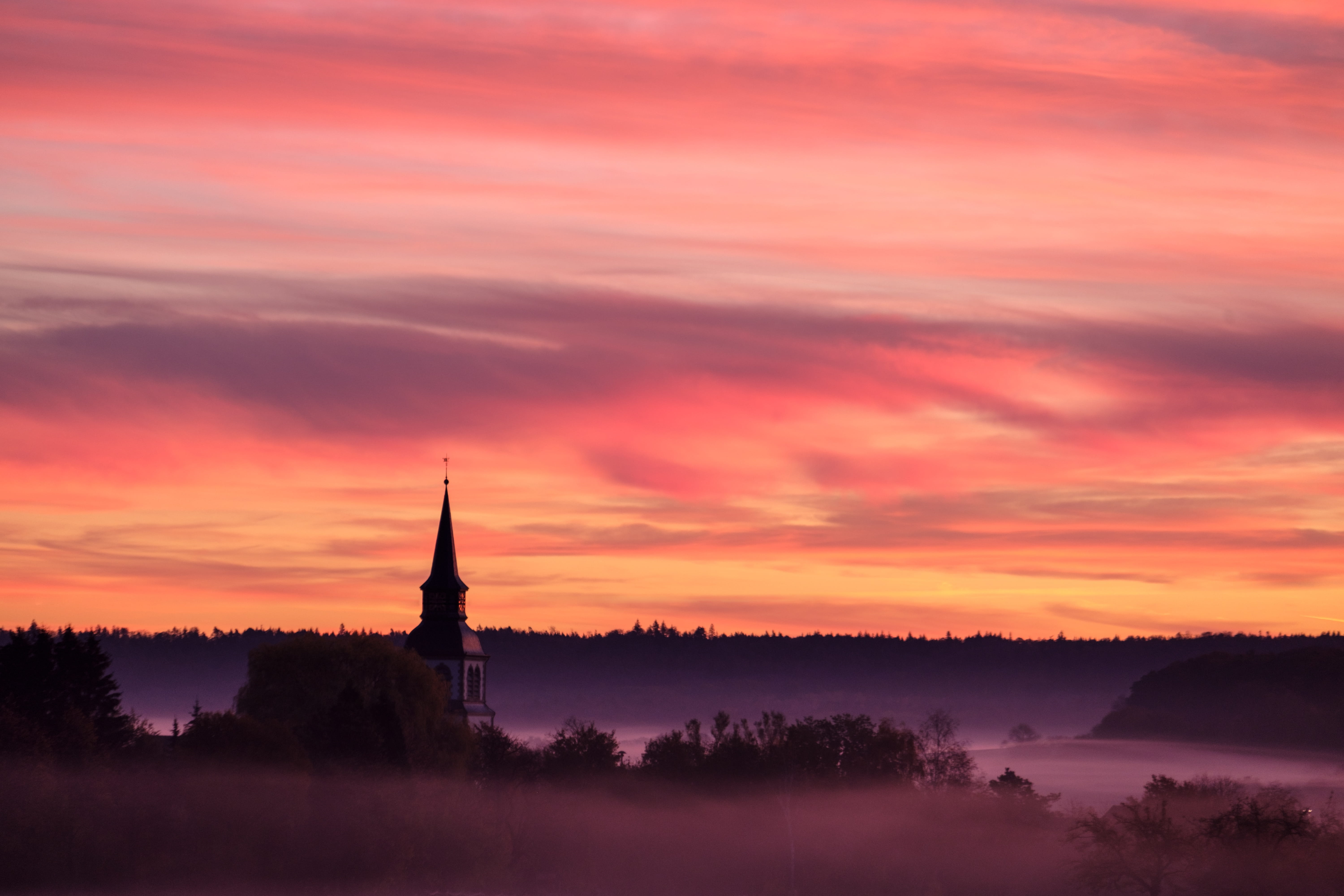 no people, village, beauty in nature, clouds, sky, built structure, plant, scenics - nature, silhouette, steeple, architecture, orange color, tower, outdoors, HD Wallpaper