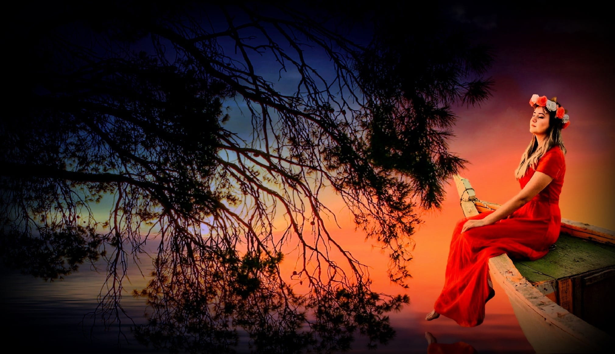 sunset, beautiful woman, dress, dawn, morgenstimmung, young women, atmospheric, nature, full length, orange color, adult, background, lake, waters, sun, HD Wallpaper