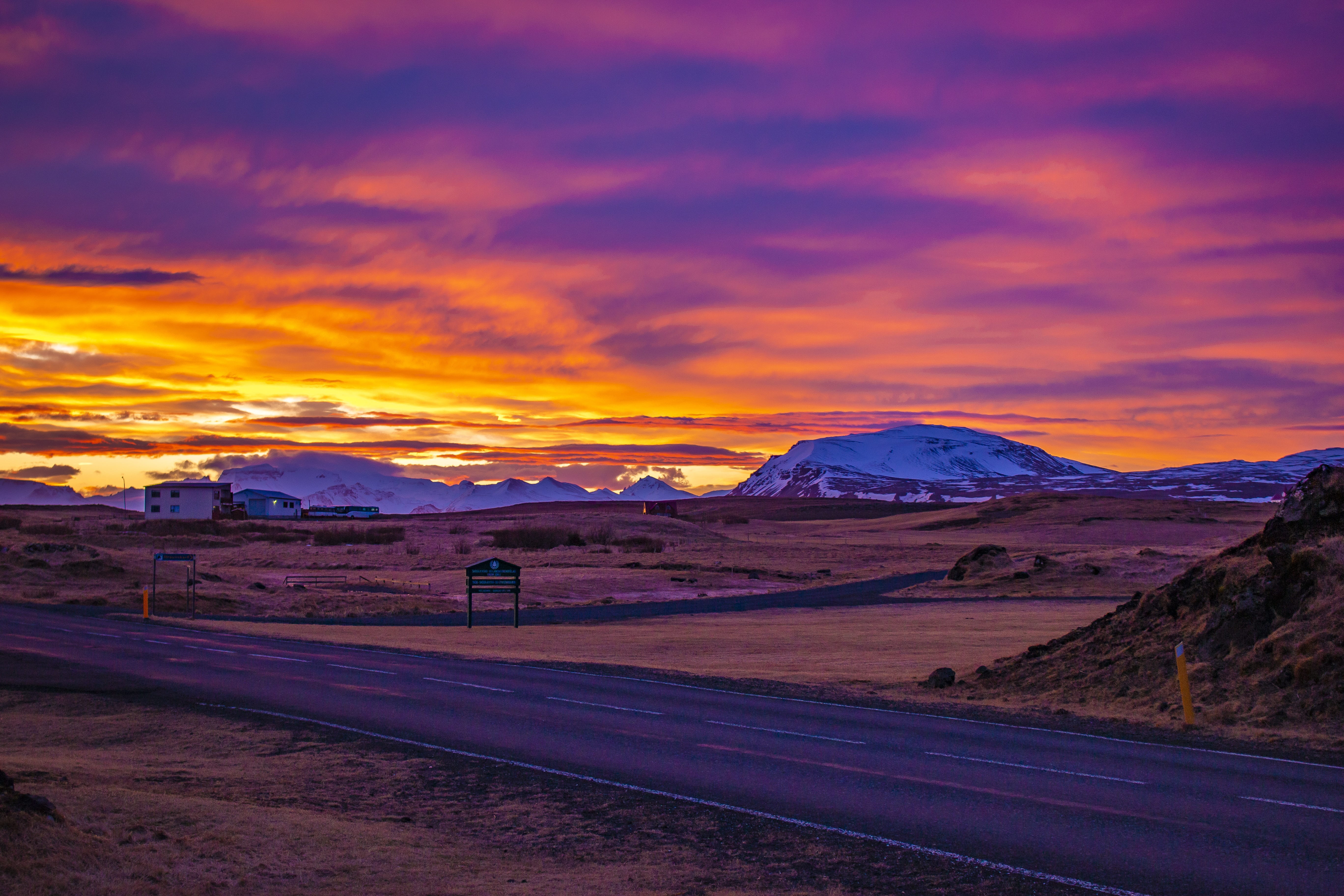 5K, small town, landscape, ice, road, outdoors, environment, cloud - sky, mountain, tranquility, mountain range, dramatic sky, village, snow, direction, HD Wallpaper