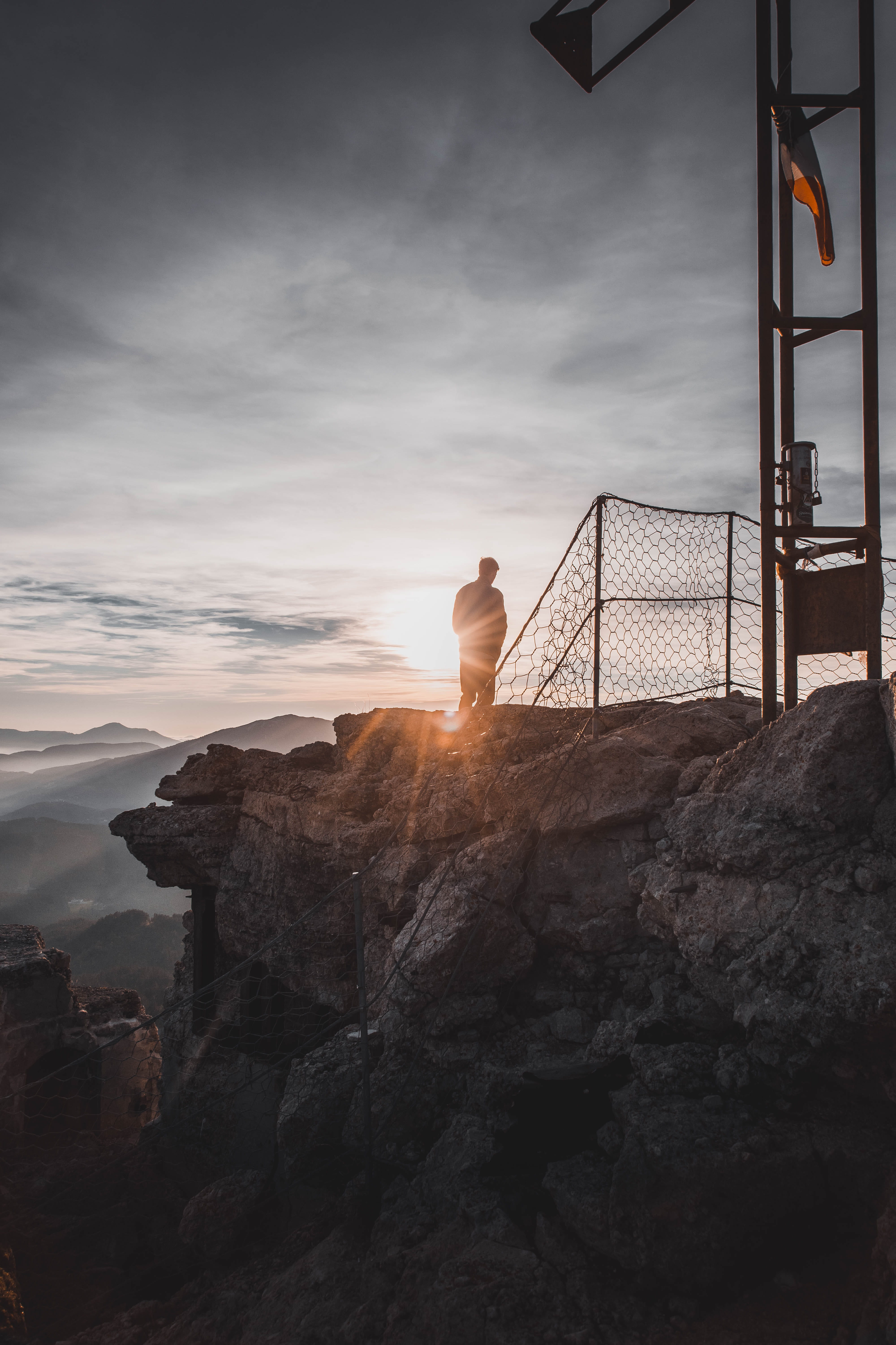 5K, solid, silhouette, dock, sunset, furniture, scenery, scenics - nature, rock formation, pier, sky, mountain, one person, standing, cliff, cima vezzena, Phone HD Wallpaper