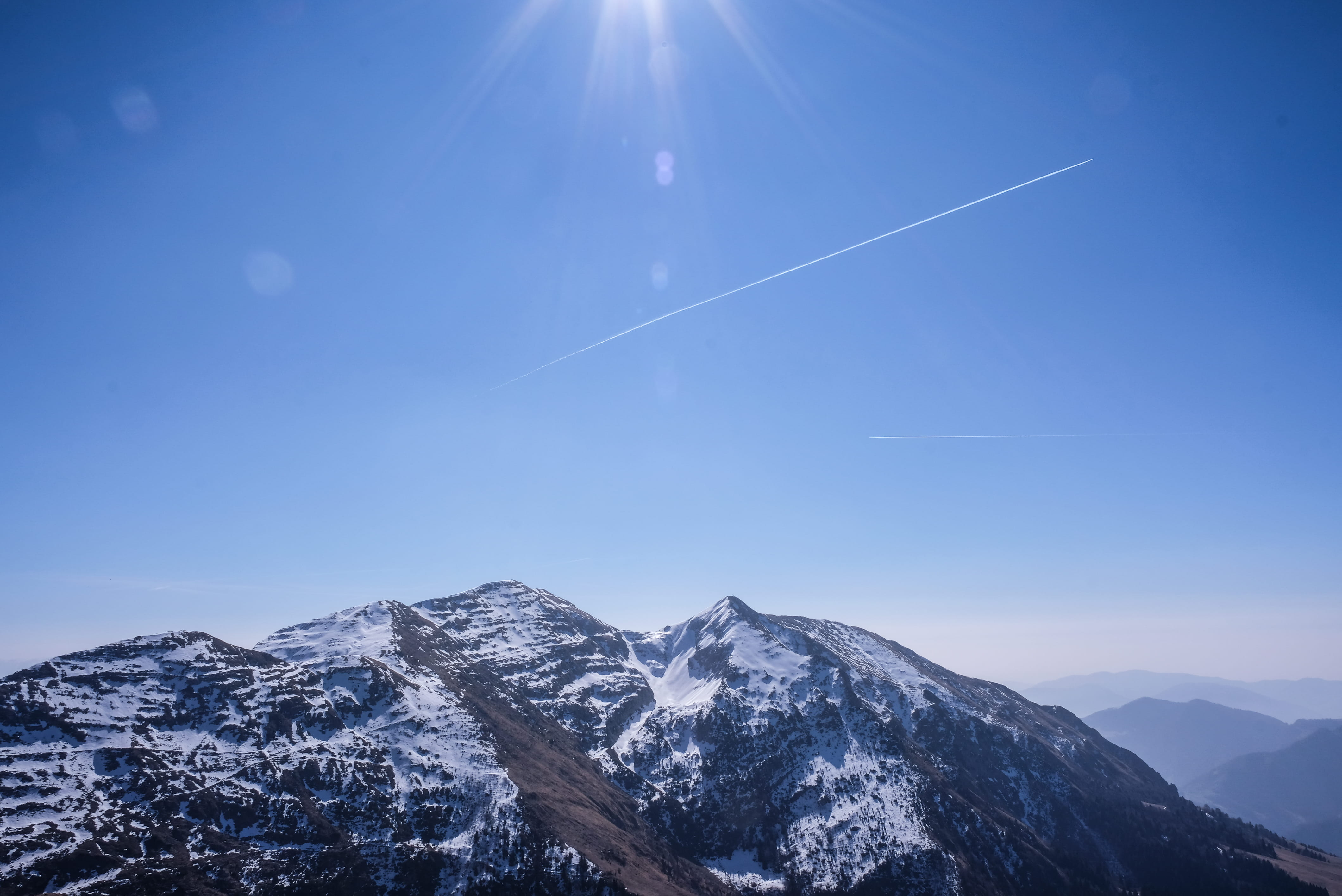 tranquil scene, no people, outdoors, bright, beauty in nature, covered, azure sky, peak, sunlight, tranquility, non-urban scene, aeroplane, snowcapped mountain, HD Wallpaper