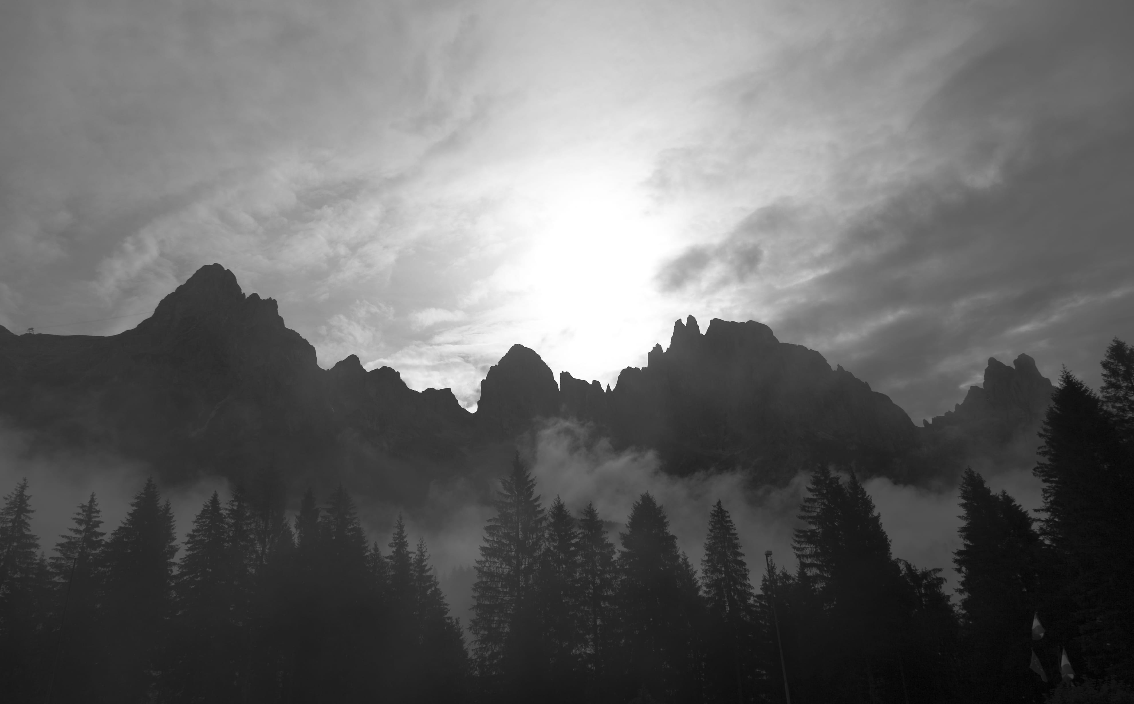 sky, nature, san martino di castrozza, 4K, mountains, morning, growth, no people, coniferous tree, land, trees, environment, misty, silhouette, beauty in nature, HD Wallpaper
