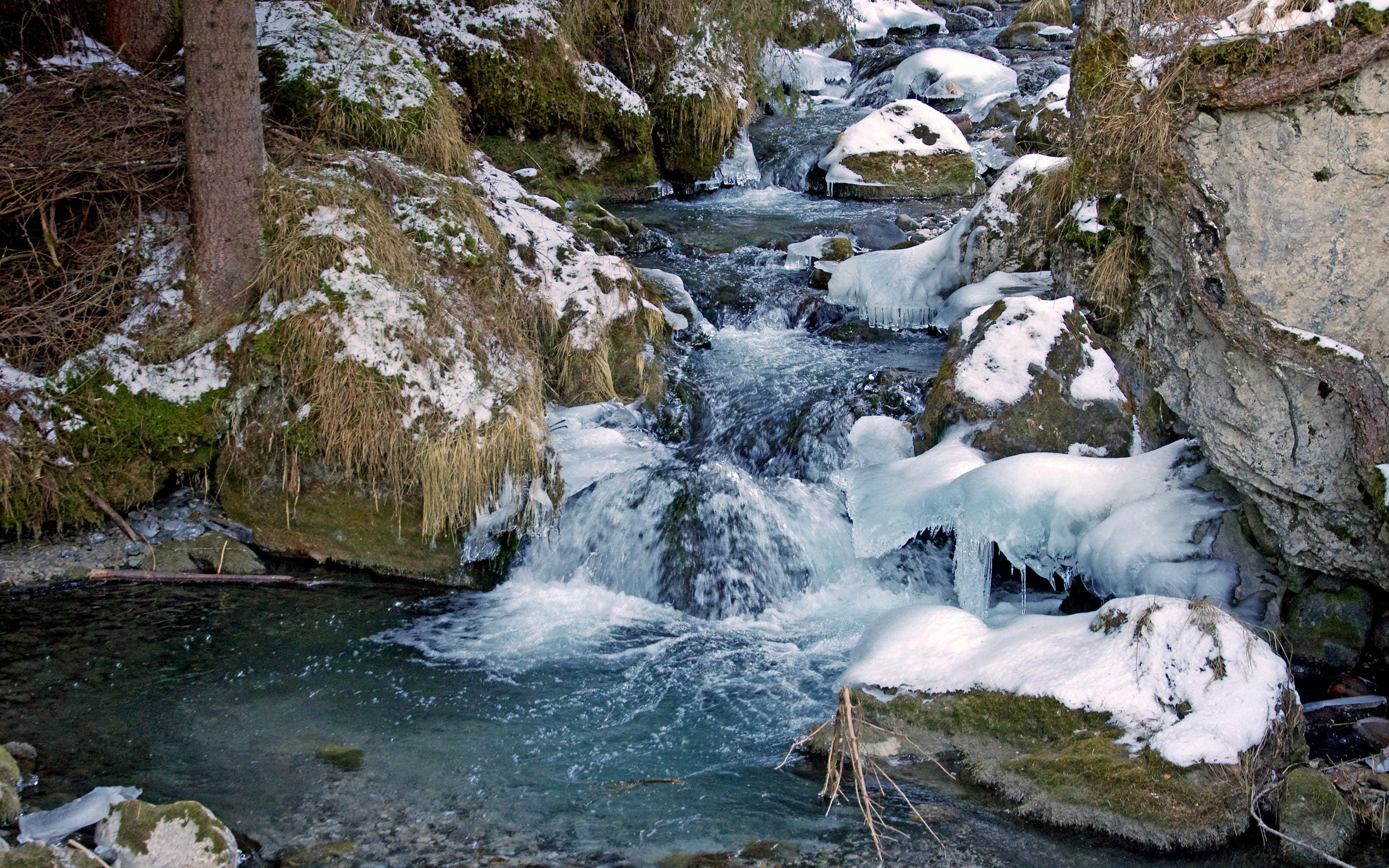 Winter, waterfall, rock, blurred motion, high angle view, day, flowing water, flowing, snow, 2K, tree, power in nature, solid, Marmolada, river, cold, HD Wallpaper