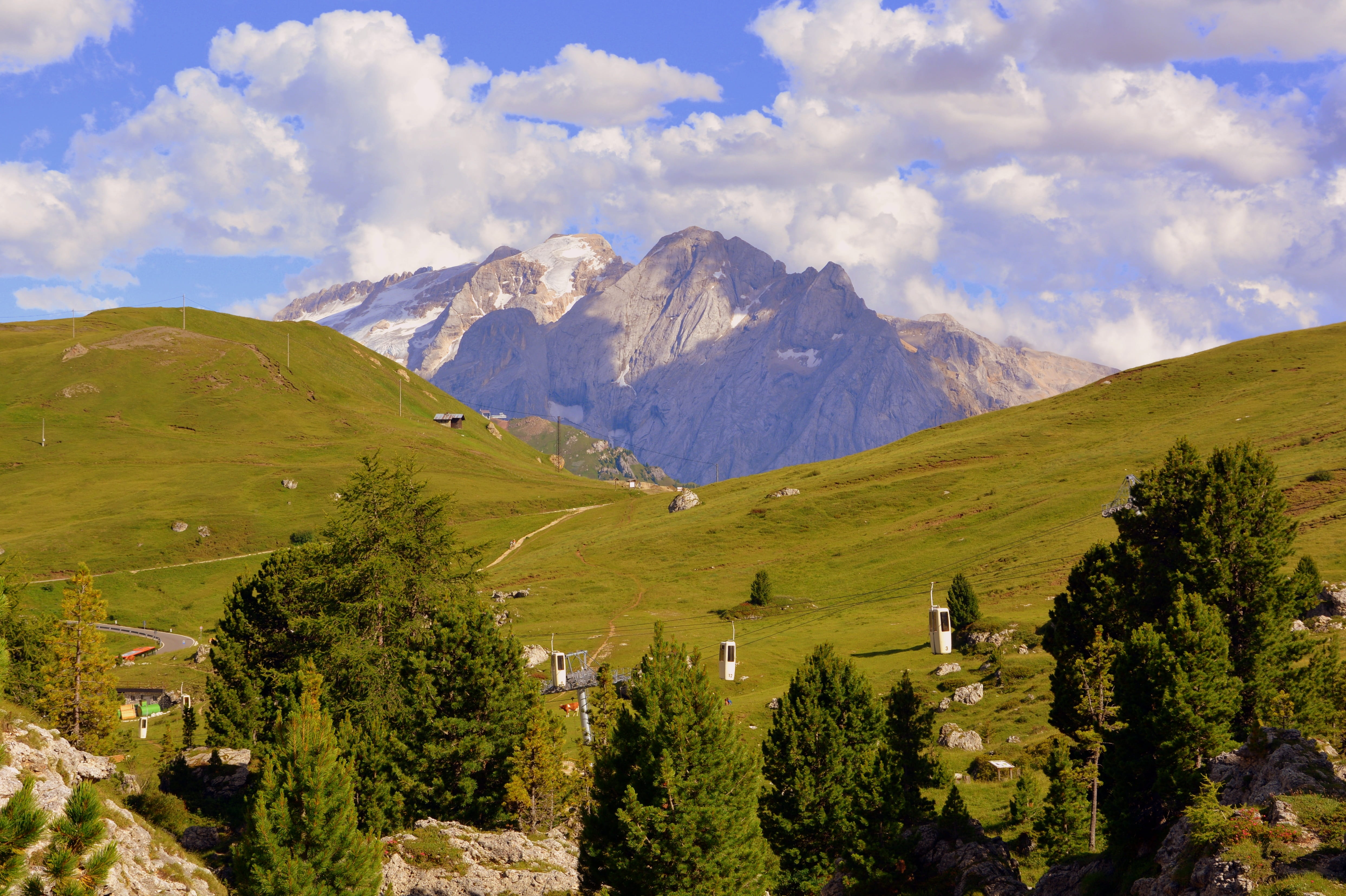 clouds, green color, environment, 4K, marmolada, tree, day, tranquility, non-urban scene, dolomites, scenics - nature, sky, landscape, glacier, outdoors, HD Wallpaper