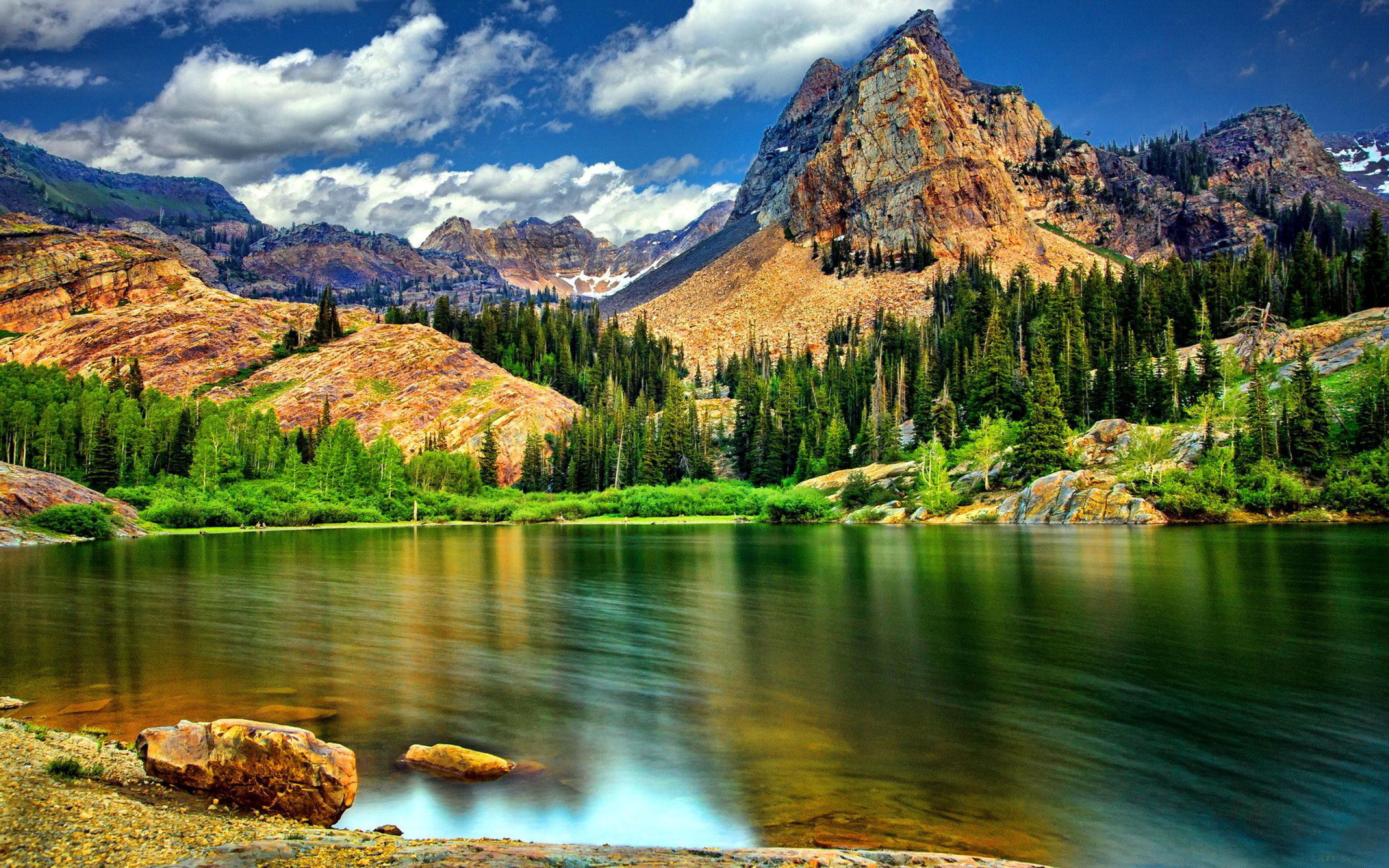 nature, formation, rock, sky, 4K, lake, beauty in nature, tranquil scene, pine tree, pine, cloud - sky, tranquility, mountains, no people, mountain peak, HD Wallpaper