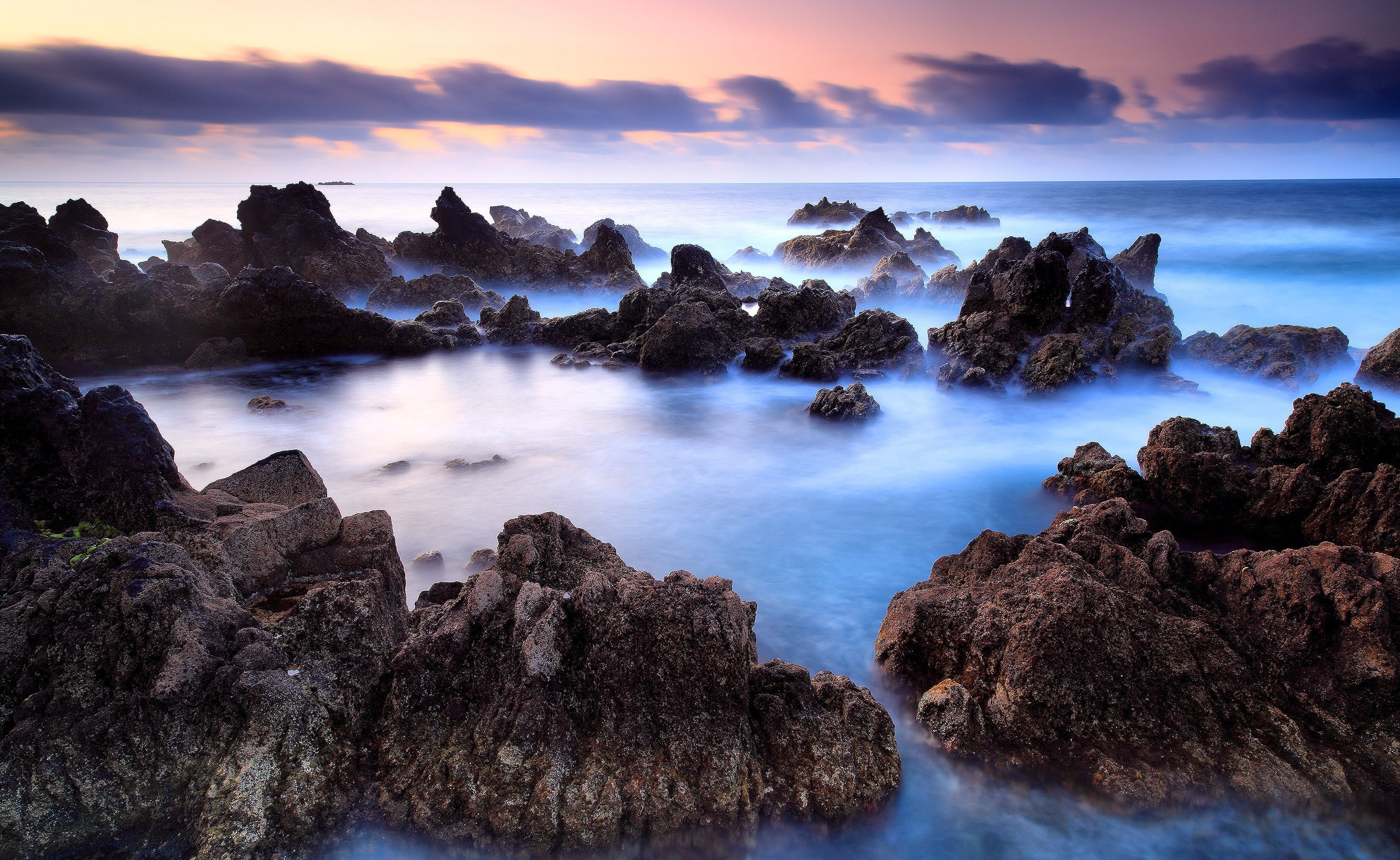 scenics - nature, horizon over water, rock formation, mountains, water, sunset, purple, cloud - sky, idyllic, Beach, tranquility, solid, Nature, long exposure, HD Wallpaper