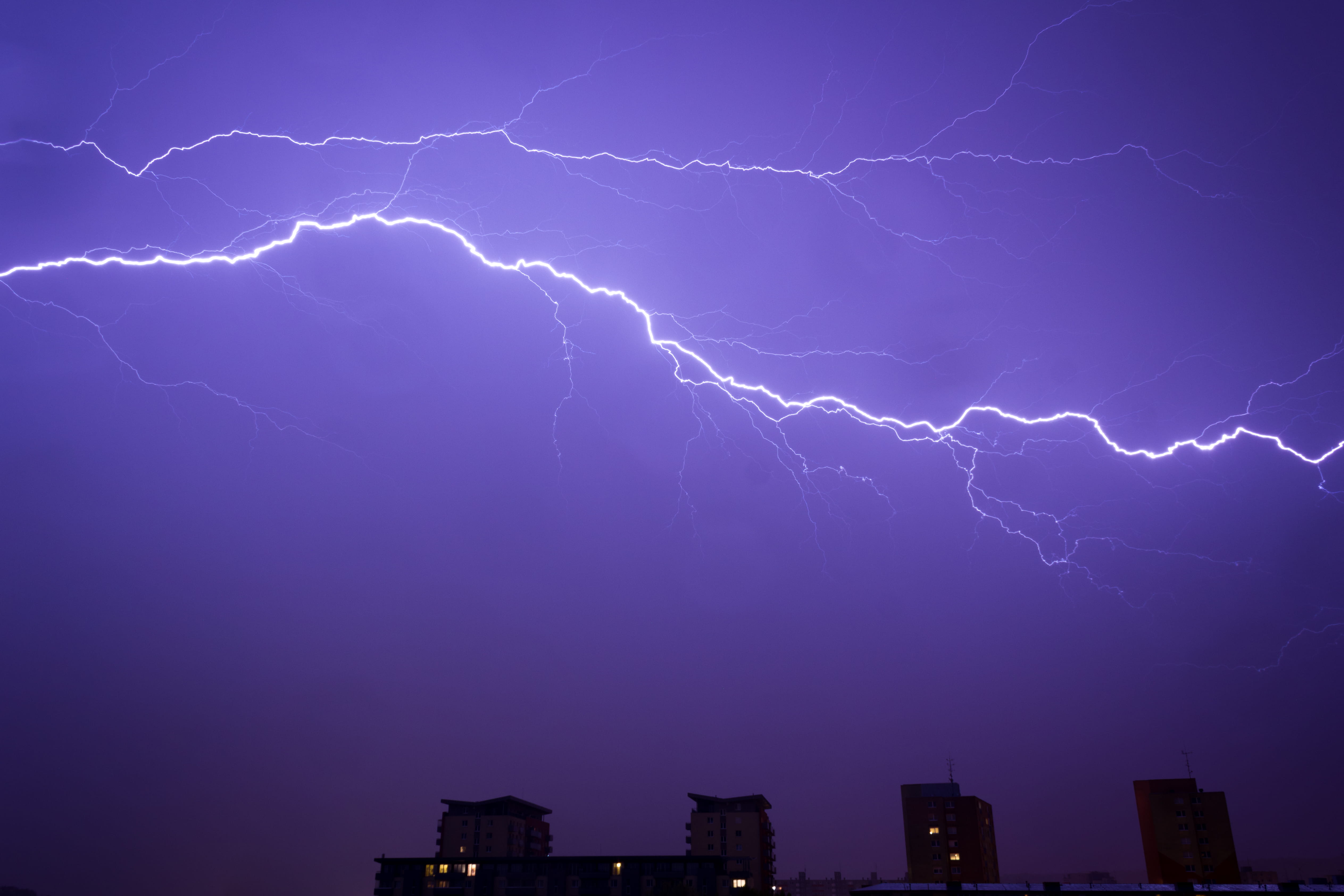 ominous, cloud - sky, line, electricity, power, architecture, multiple, sky, city, purple, beauty in nature, no people, built structure, dark sky, horizontal, HD Wallpaper