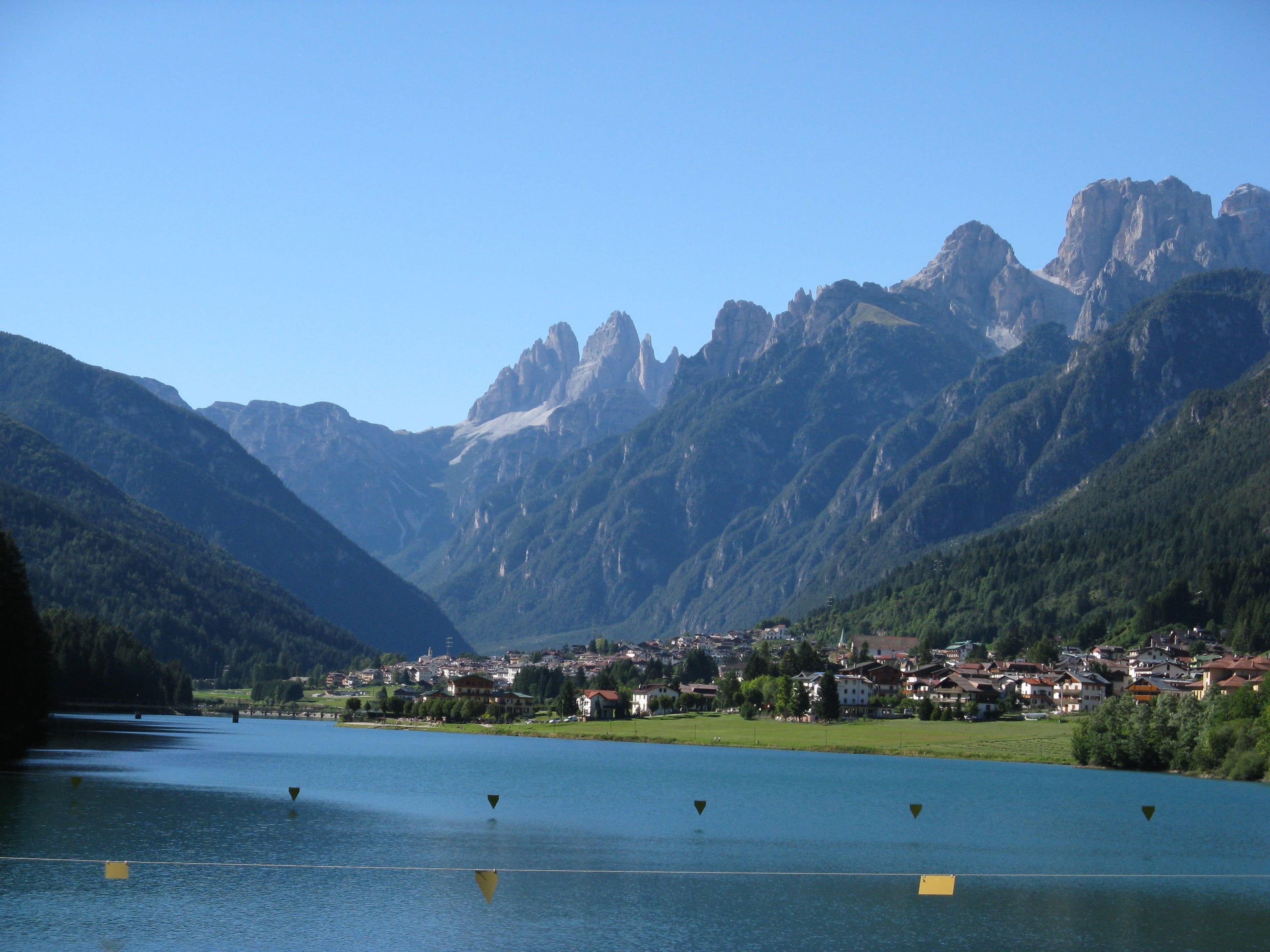 mountain lake, clear sky, travel destinations, blue, lake, mountain peak, auronzo di cadore, day, water, formation, dolomites, 2K, veneto, tranquil scene, HD Wallpaper