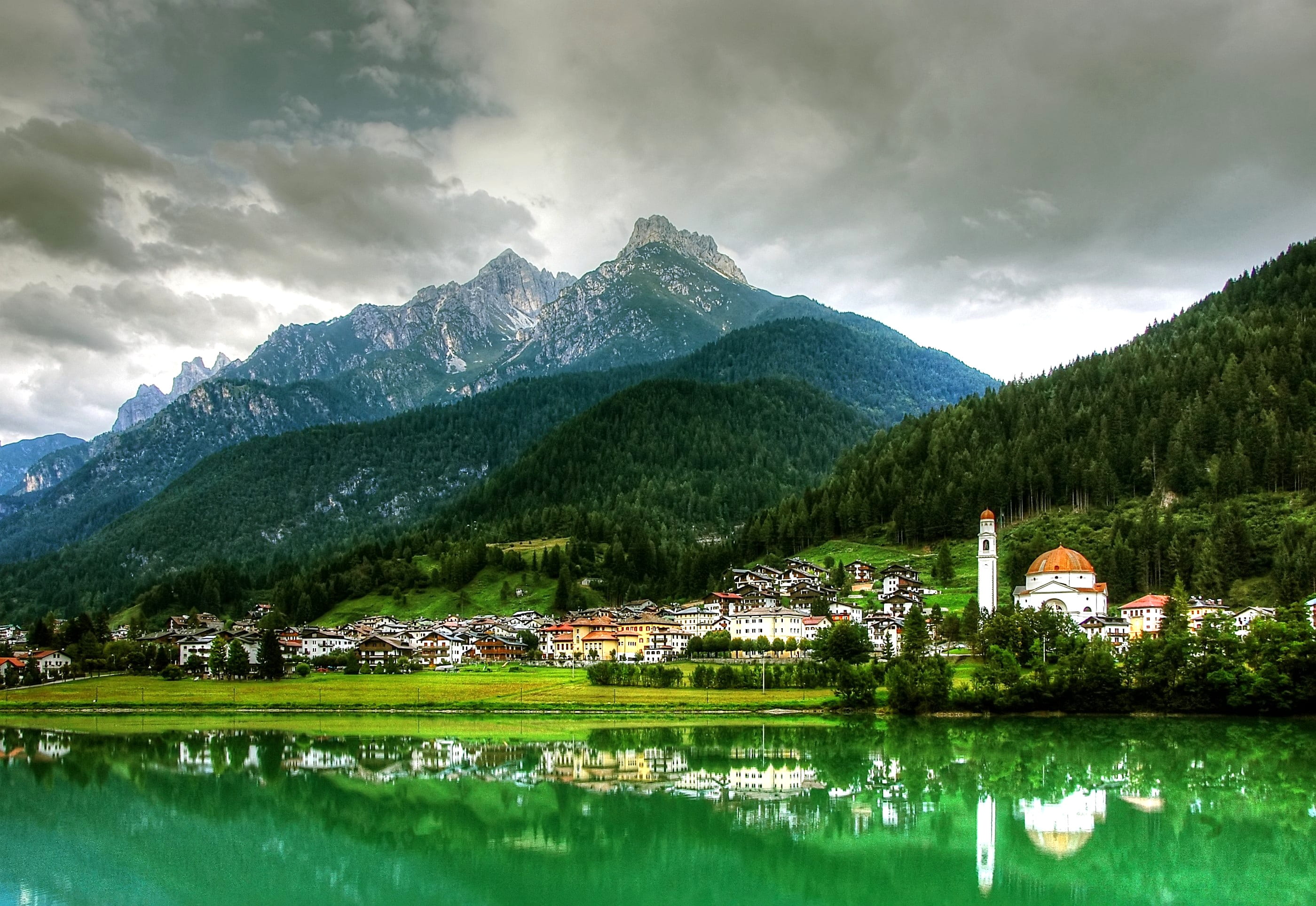 panorama, italy, water, nature, tranquility, auronzo di cadore, dolomites, architecture, rock, beauty in nature, environment, belluno, plant, building exterior, HD Wallpaper