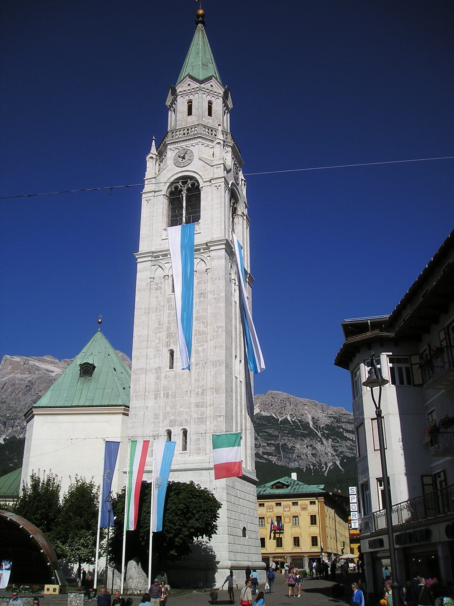 outdoors, belief, Church, europe, Belluno, no people, dolomites, 1080P, blue, town, place of worship, tall - high, Cortina DAmpezzo, built Structure, nature, Phone HD Wallpaper