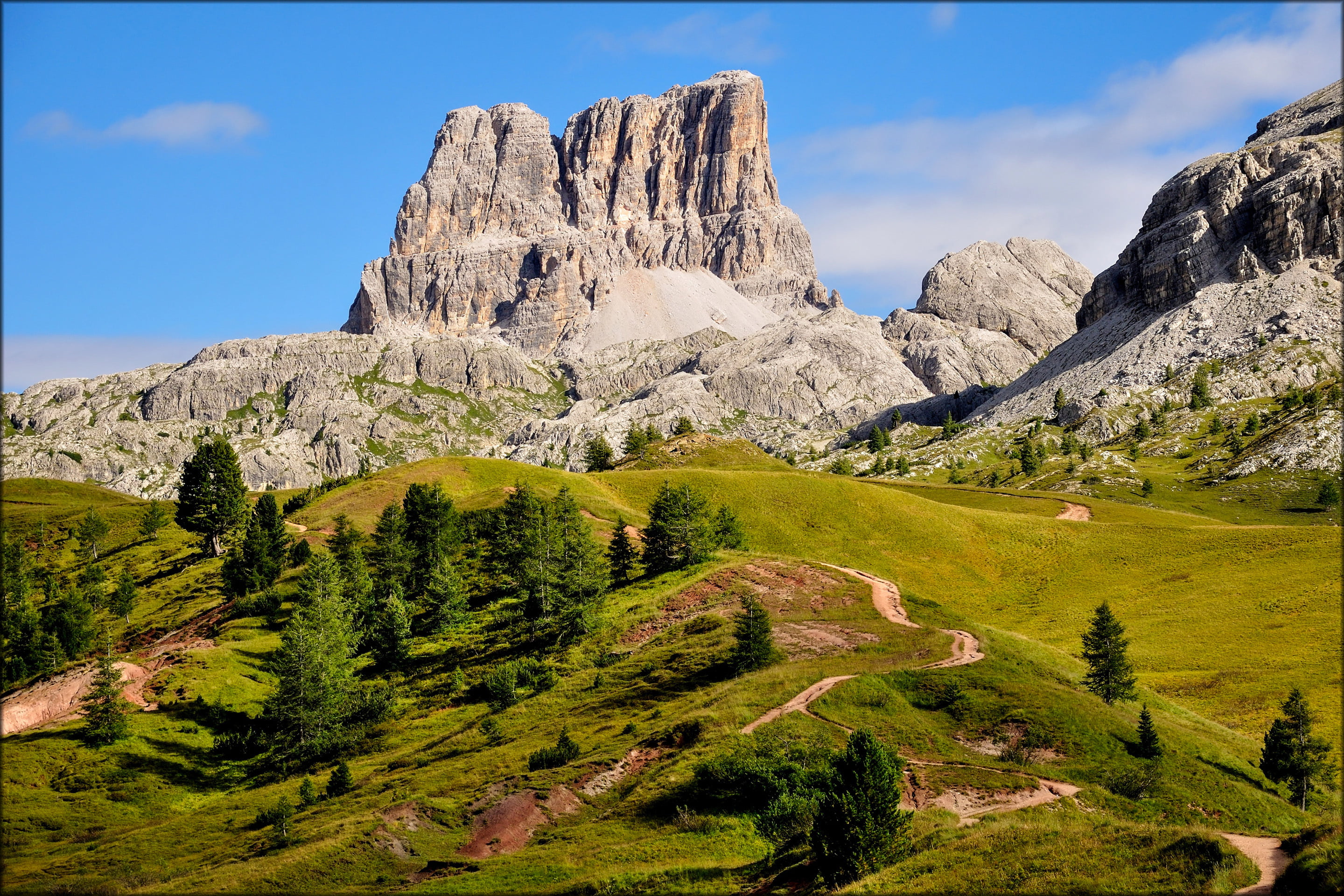 tranquility, the sky, landscape, The Dolomites, land, green color, trees, tranquil scene, grass, Cortina dampezzo, 2K, mountains, plant, mountain Averau, HD Wallpaper