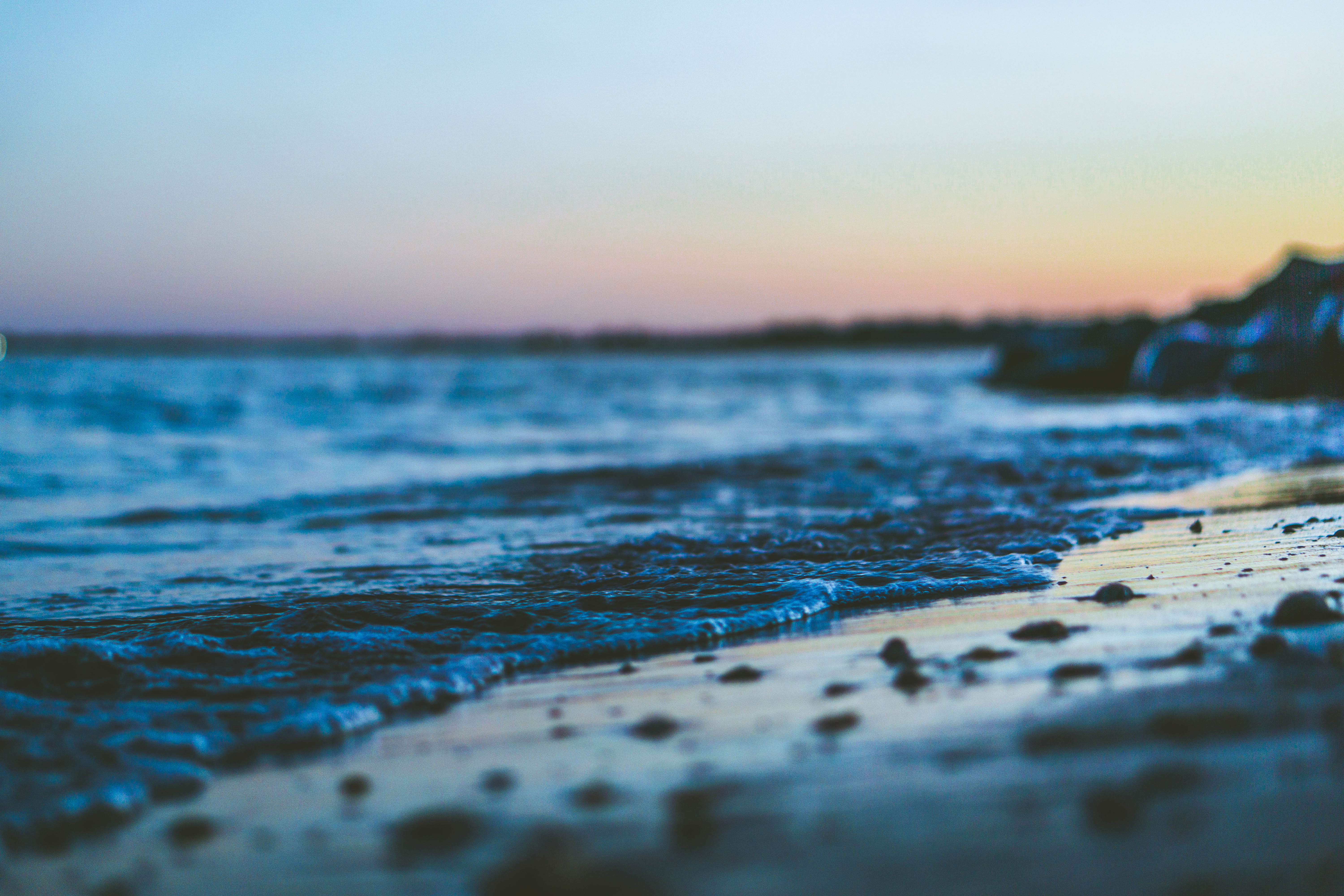 beach, alpenglow, dusk, selective focus, sunset, outdoors, motion, sand, surface level, wavescrashing, sky, sea, scenics - nature, macro, coast, tranquil scene, HD Wallpaper