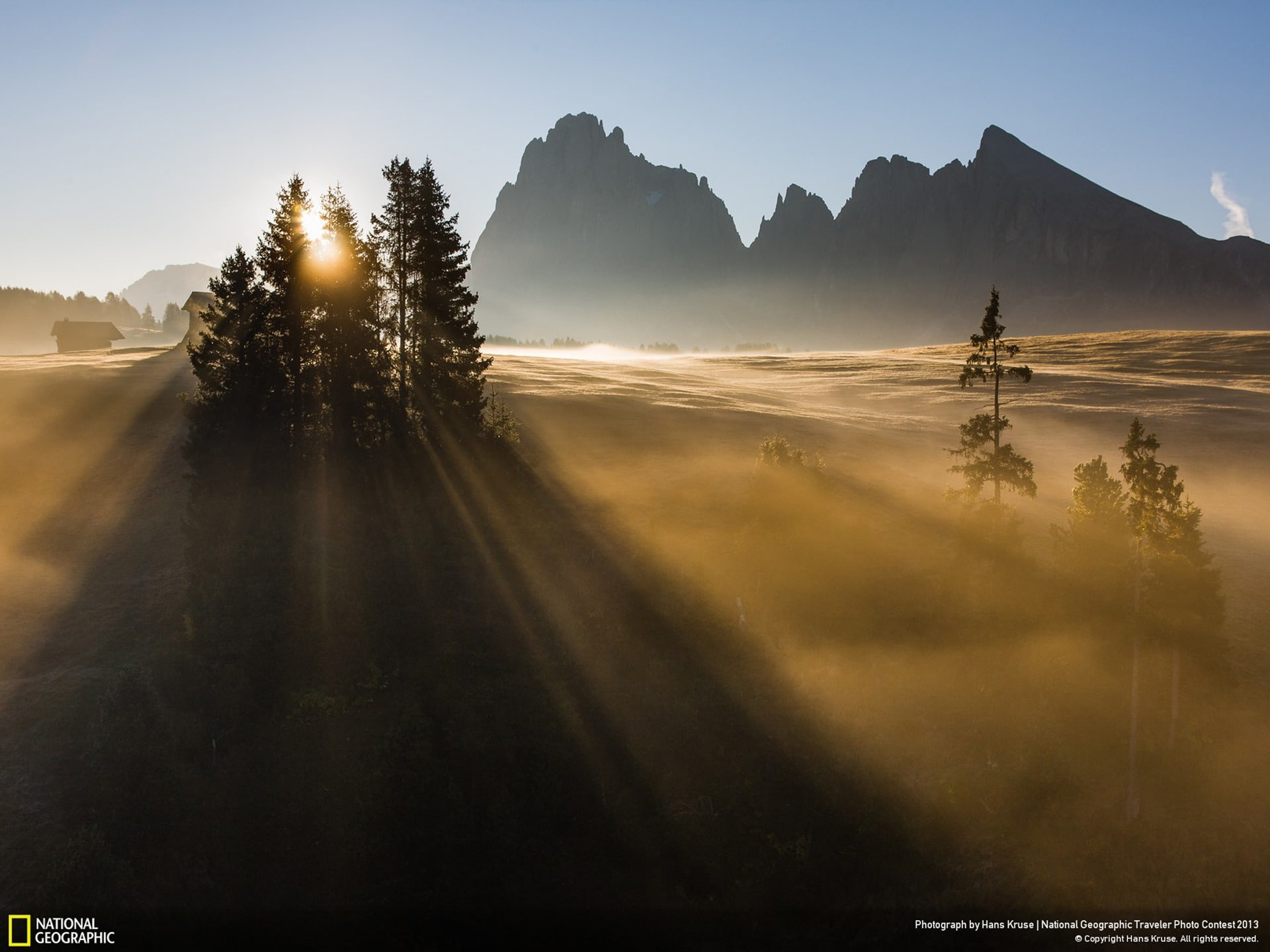 1080P, sky, alpe, sunset, no people, tranquil scene, sun, siusi, tranquility, fog, national, nature, land, tv, morning, outdoors, geographic, tree, screenshot, HD Wallpaper