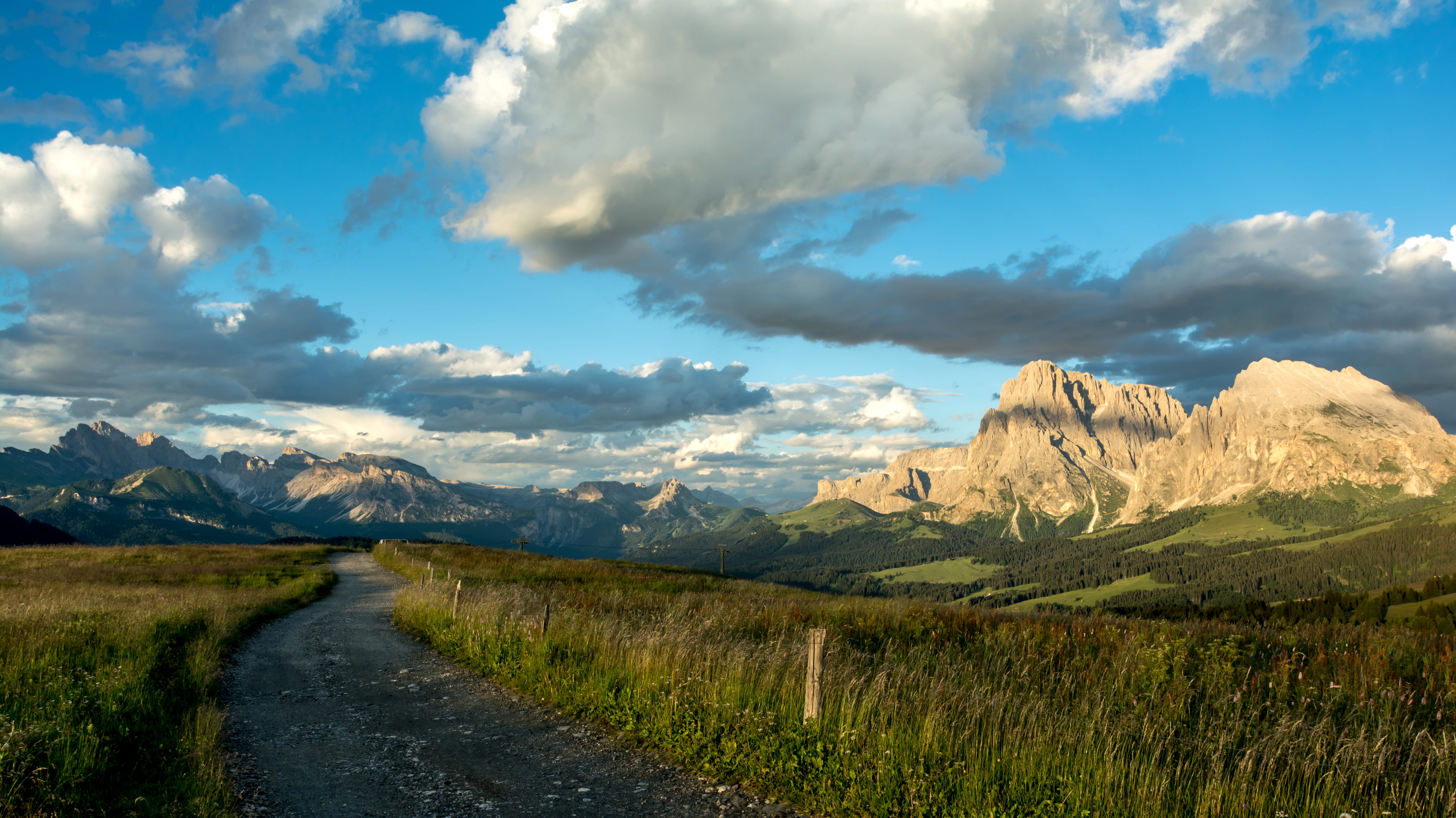 environment, outdoors, alpe di siusi, 5K, diminishing perspective, day, italy, beauty in nature, mountains, clouds, non-urban scene, scenics - nature, HD Wallpaper