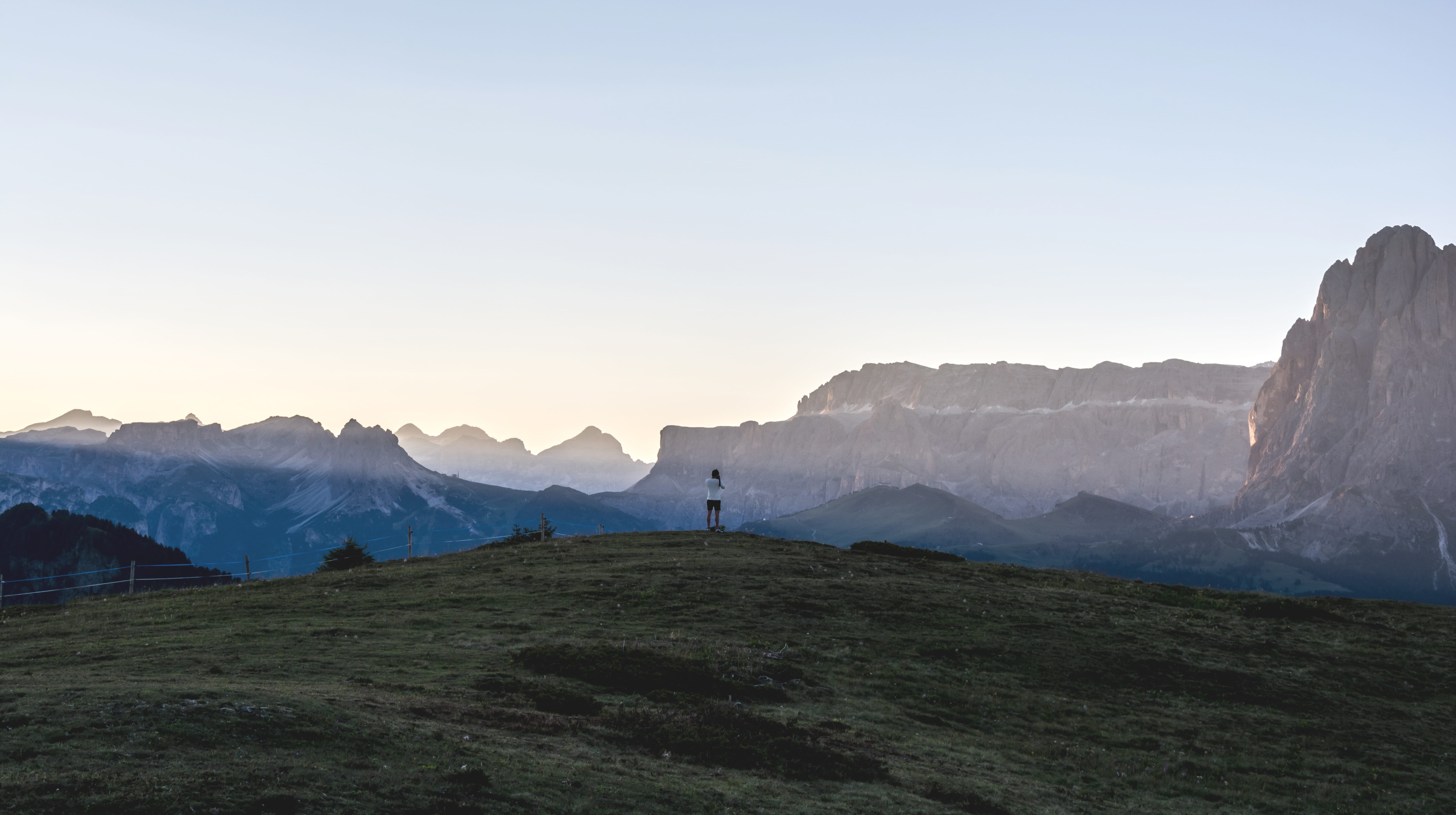 mountain, sky, outdoors, environment, mountains, real people, italy, hill, copy space, lifestyles, photographer, mountain range, alpe di siusi, 5K, leisure activity, HD Wallpaper