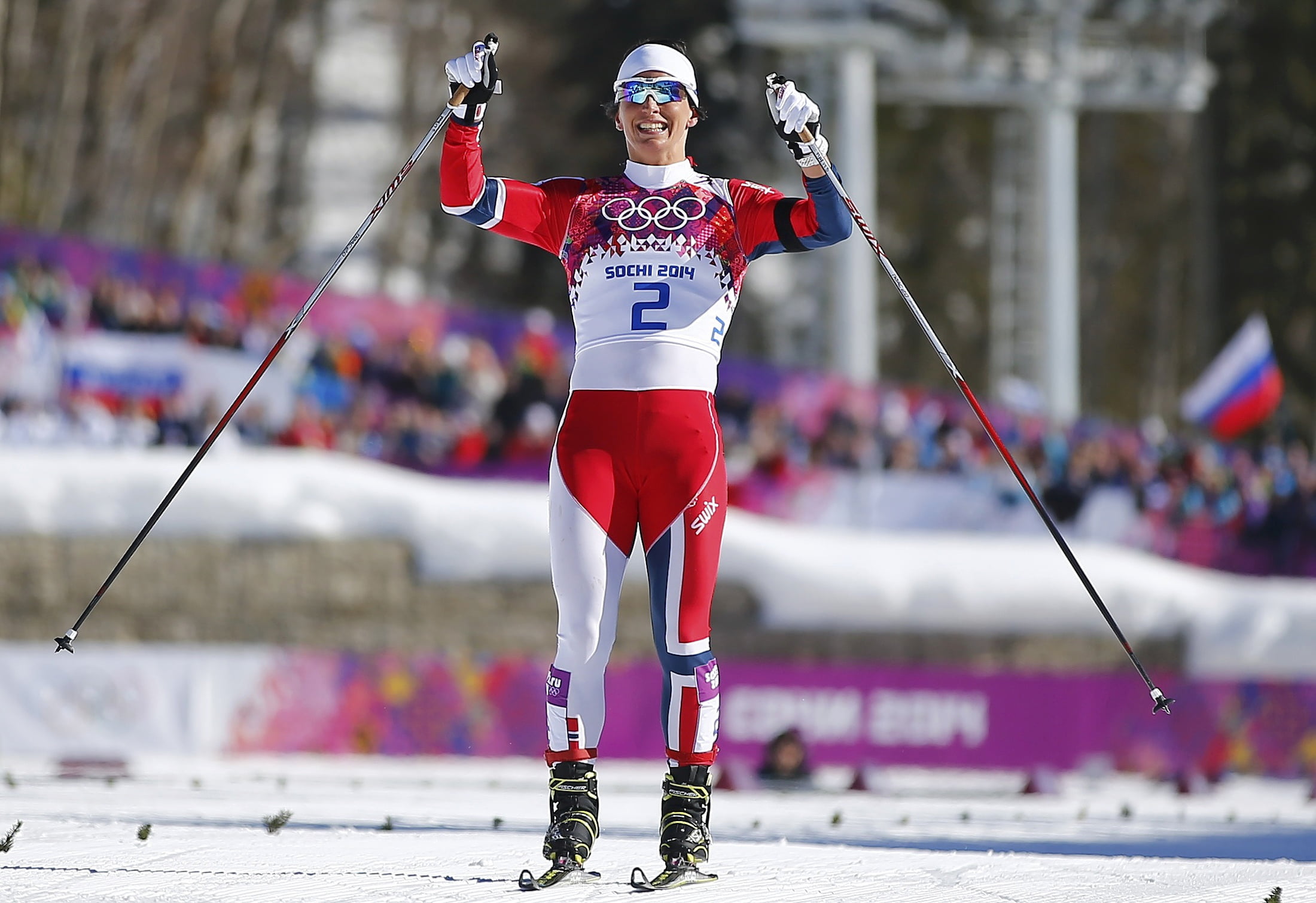standing, pole, front view, focus on foreground, olympics, skiing, lifestyles, red, day, sports Race, competition, women, arms raised, nature, 1080P, sport, HD Wallpaper