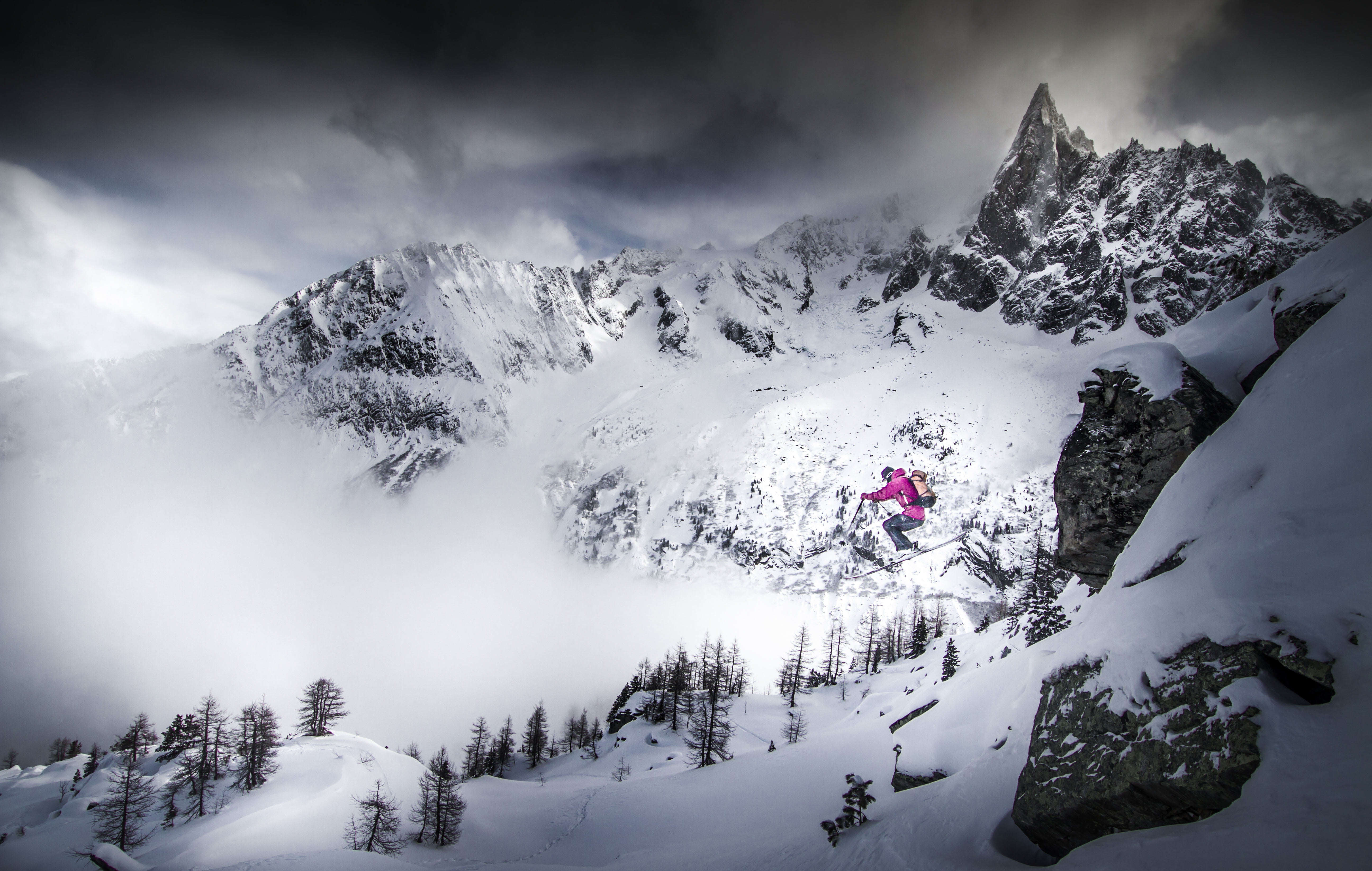 forest, scenics - nature, scenics, ice, sport, one person, cloud - sky, europe, fun, hiking, jump, mountain Range, snowcapped mountain, sky, mountains, HD Wallpaper