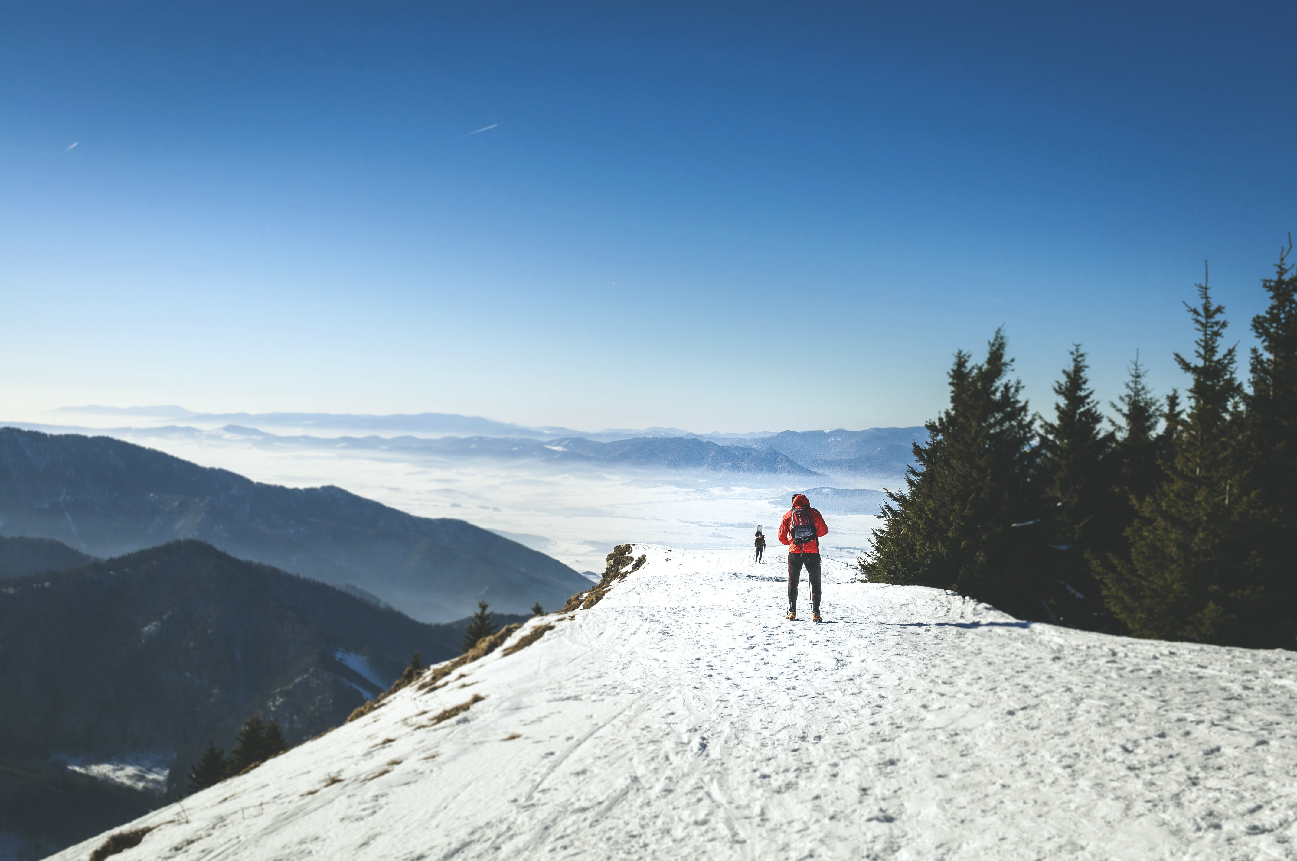 4K, orange, sky, tranquility, warm clothing, mountains, tranquil scene, day, snow, real people, one person, outdoors, scenics - nature, men, cold temperature, HD Wallpaper