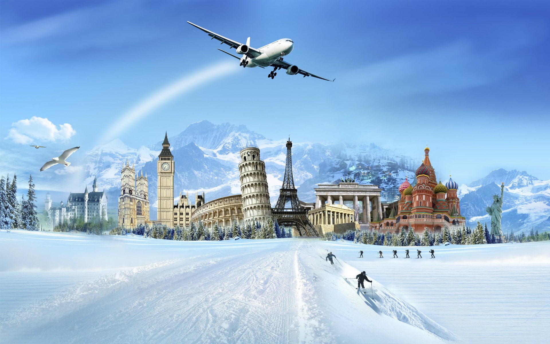1080P, skiers, mountains, pisa, zima sneg, aircraft, statue, sabor, basil, liberty, buildings, HD Wallpaper