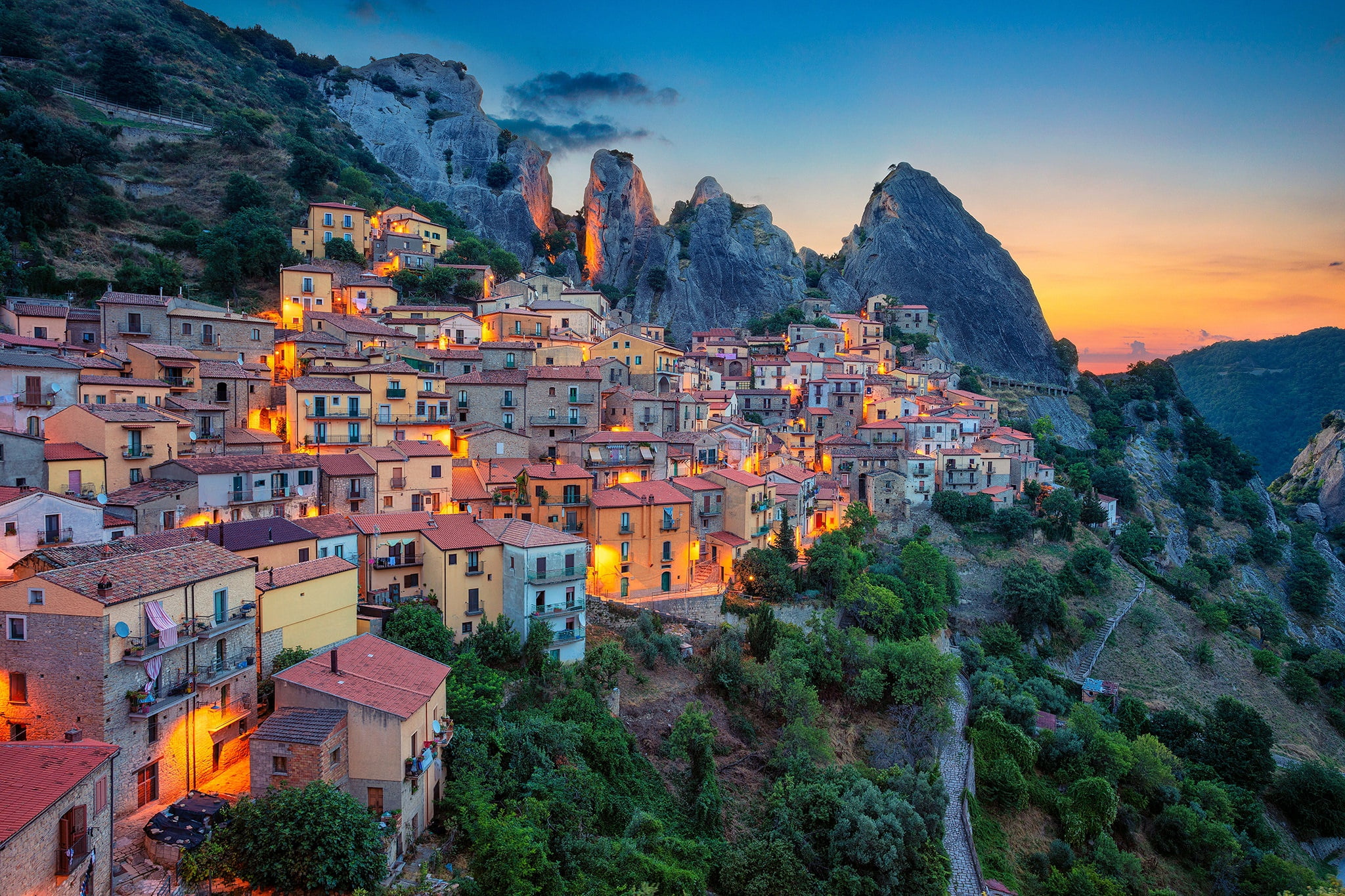 Castelmezzano, Basilicata, morning, home, slope, 1080P, Italy, mountains, dawn, building, HD Wallpaper