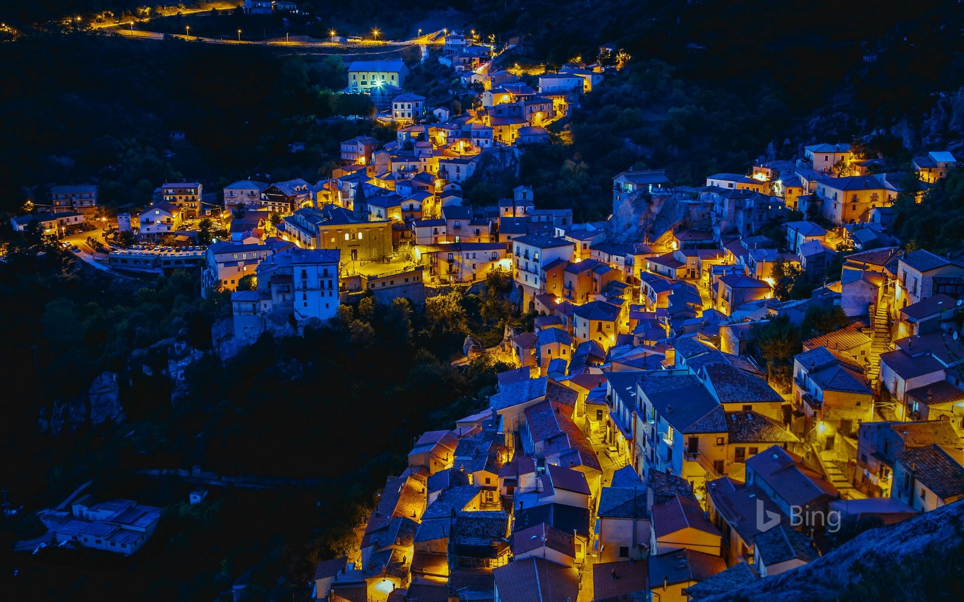 outdoors, bing, yellow, residential district, building exterior, travel, castelmezzano, nature, cityscape, building, high angle view, illuminated, HD Wallpaper