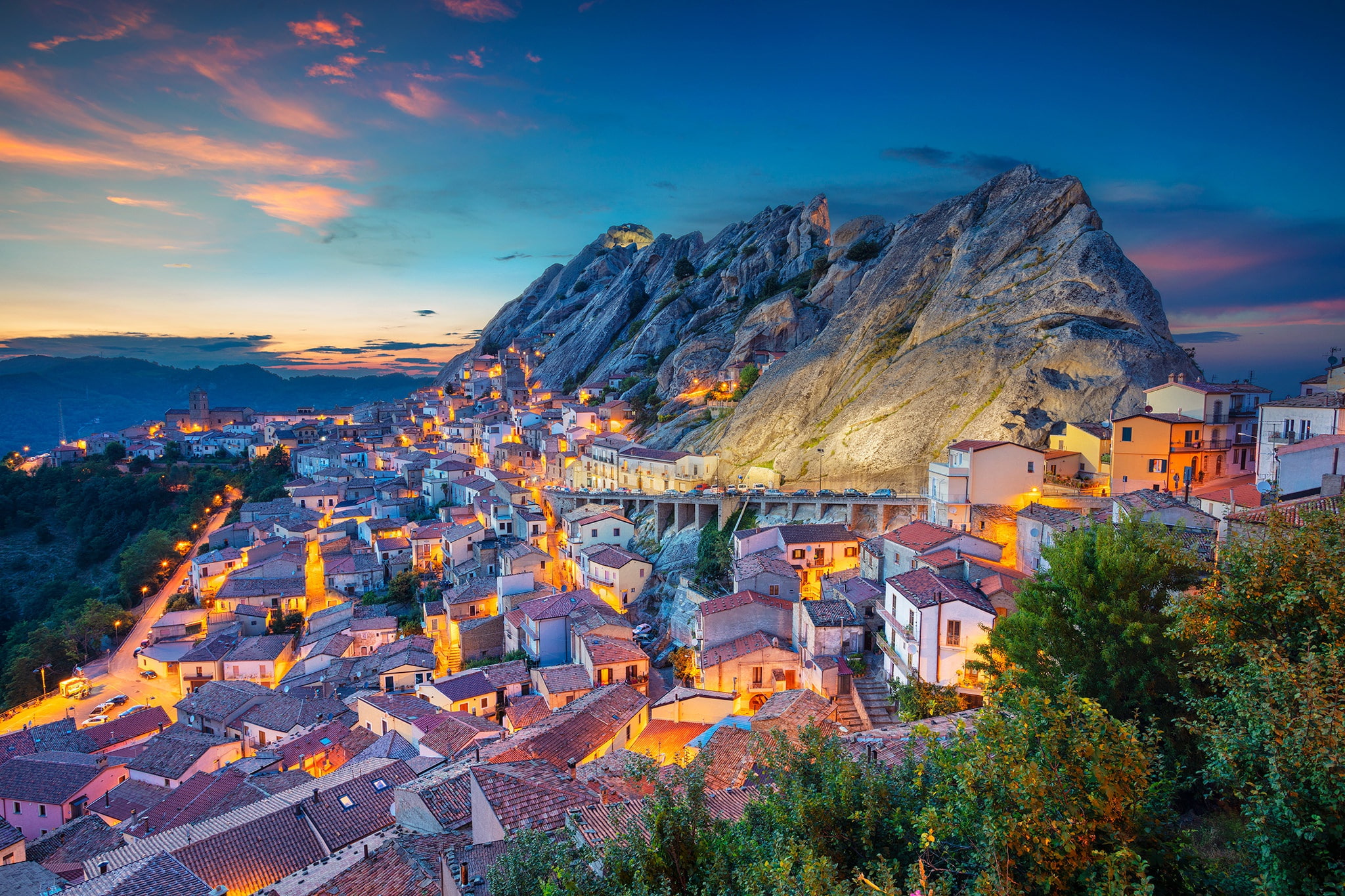 Basilicata, Peyrepertuse, Italy, building, Pietrapertosa, home, sunset, 1080P, mountains, panorama, HD Wallpaper