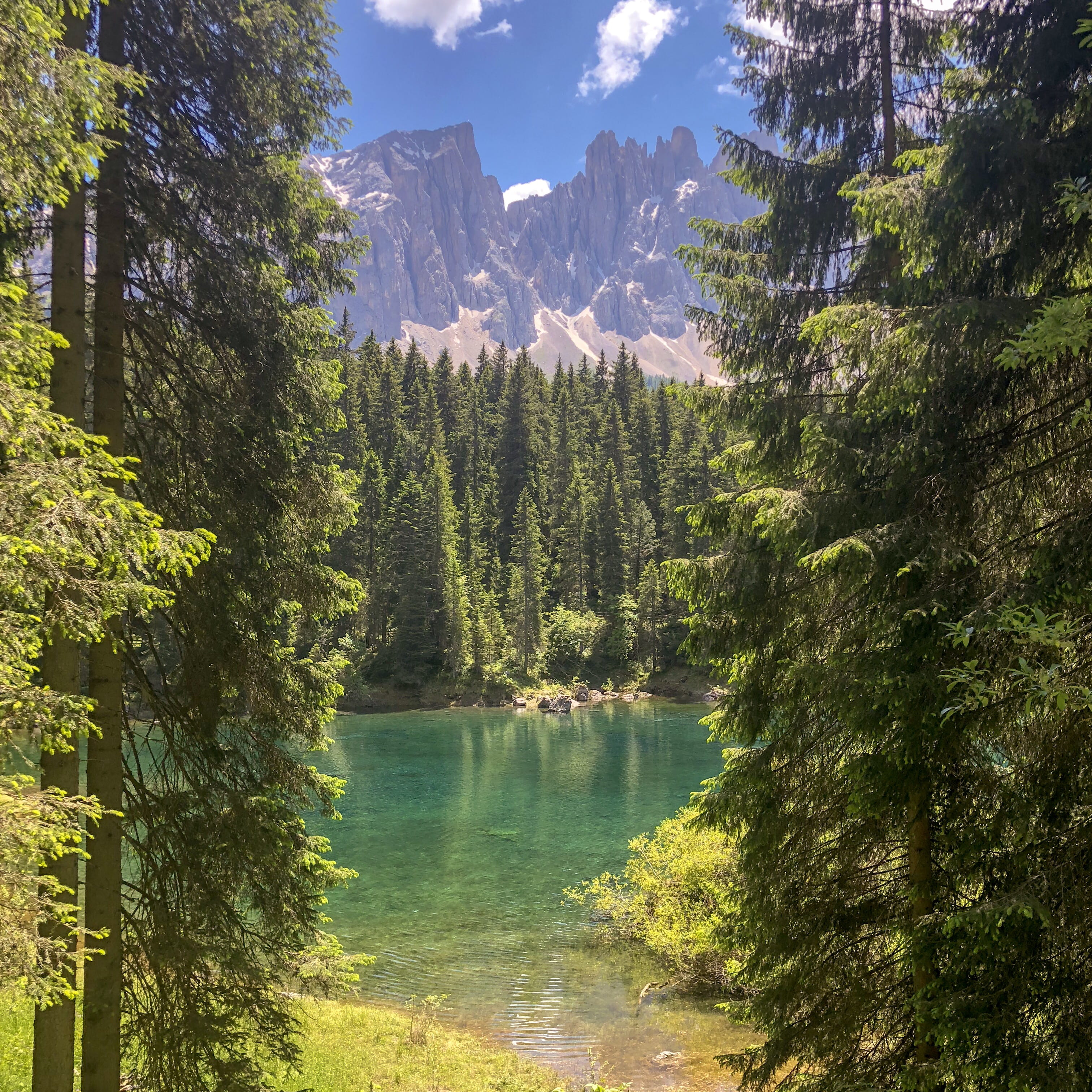 green color, sky, sudtyrol, 2K, italia, dolomites, instagram, outdoors, mountain, lake, green, altoadige, water, trees, sunlight, italy, Phone HD Wallpaper