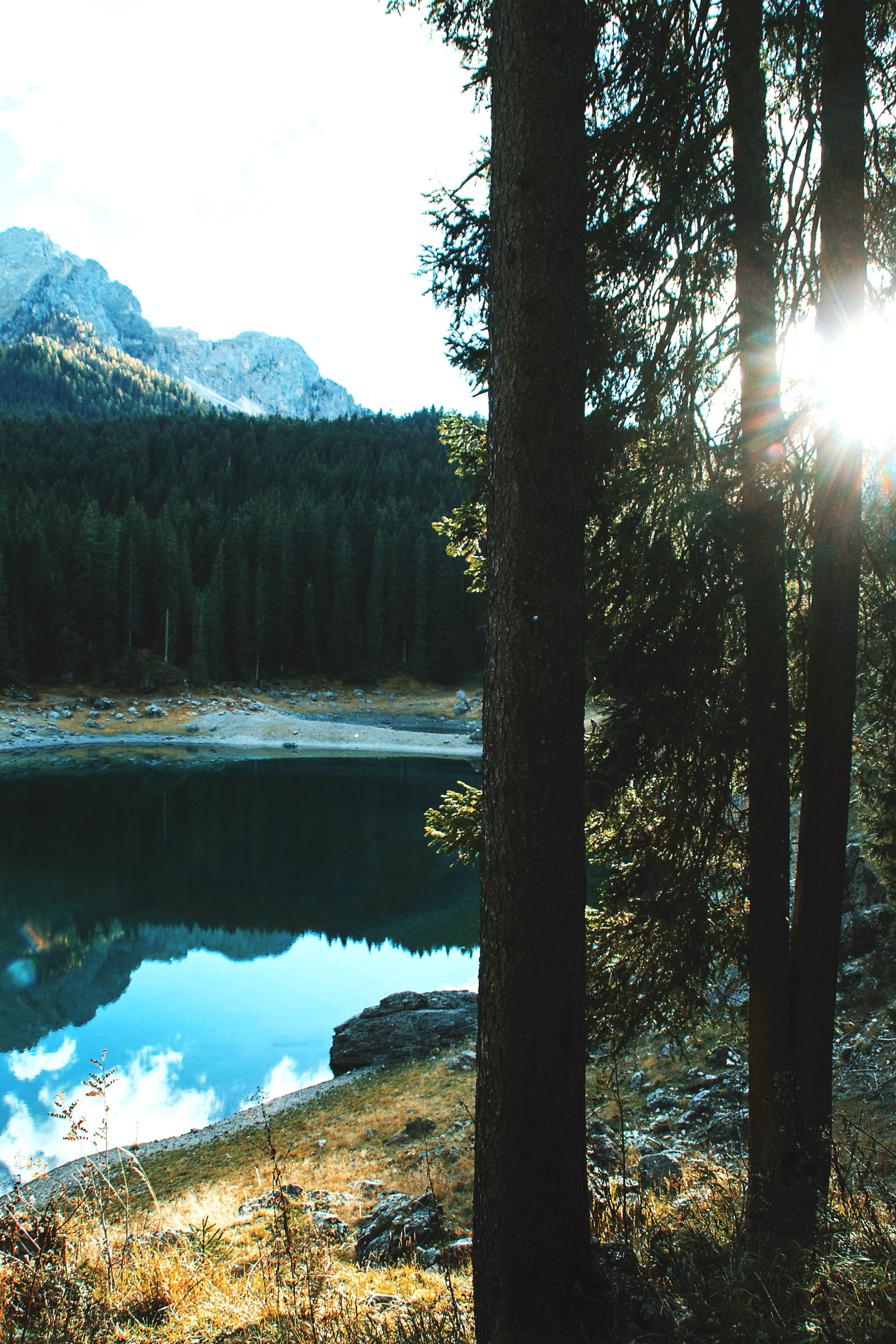 day, wanderlust, beauty in nature, sunbeam, trees, sun, land, growth, nature, non-urban scene, mountain, water, tranquility, tree, lake, forest, scenics - nature, Phone HD Wallpaper