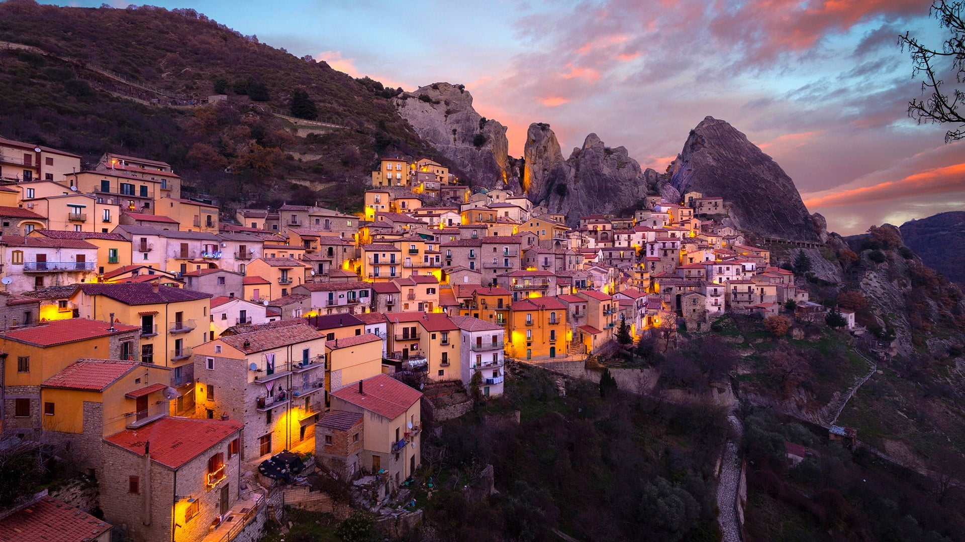 house, landscape, lights, plants, 1080P, Italy, Castelmezzano, sunset, trees, HD Wallpaper
