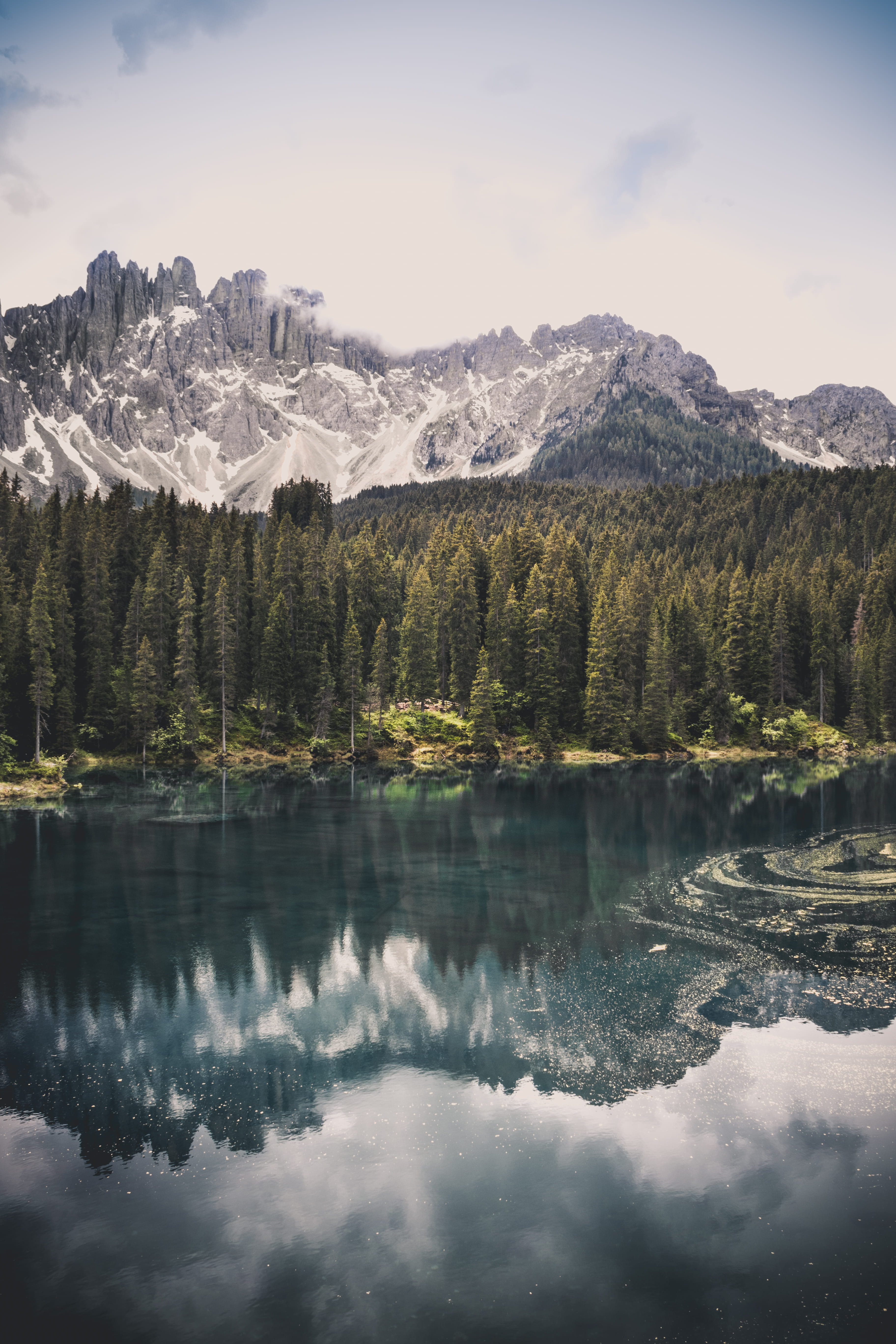 conifer, karersee, no people, italy, winter, non-urban scene, lake, scenics - nature, season, cold temperature, plant, cloudy, outdoors, sky, Phone HD Wallpaper