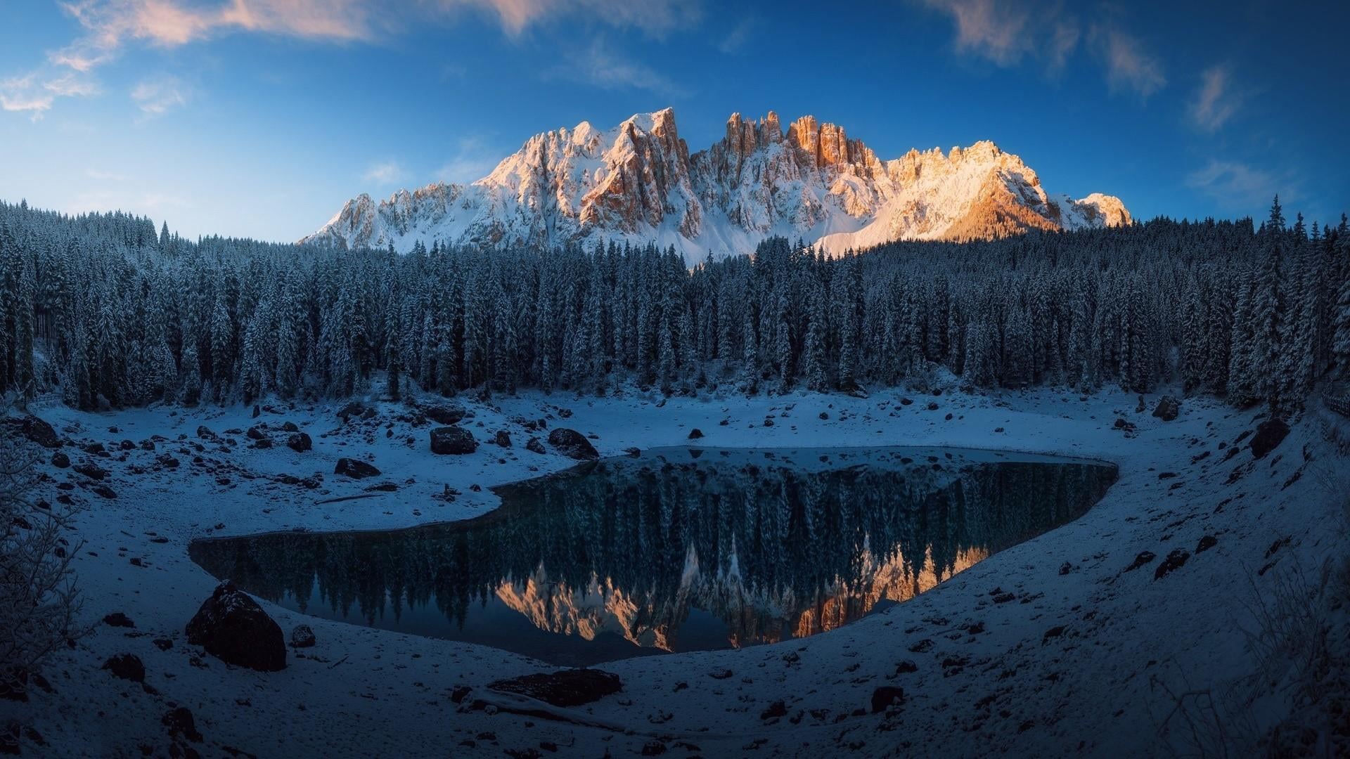 peak, land, karersee lake, sky, tree, forest, lake, nature, mountain range, wilderness, water, environment, plant, mountain peak, coniferous tree, mount scenery, HD Wallpaper
