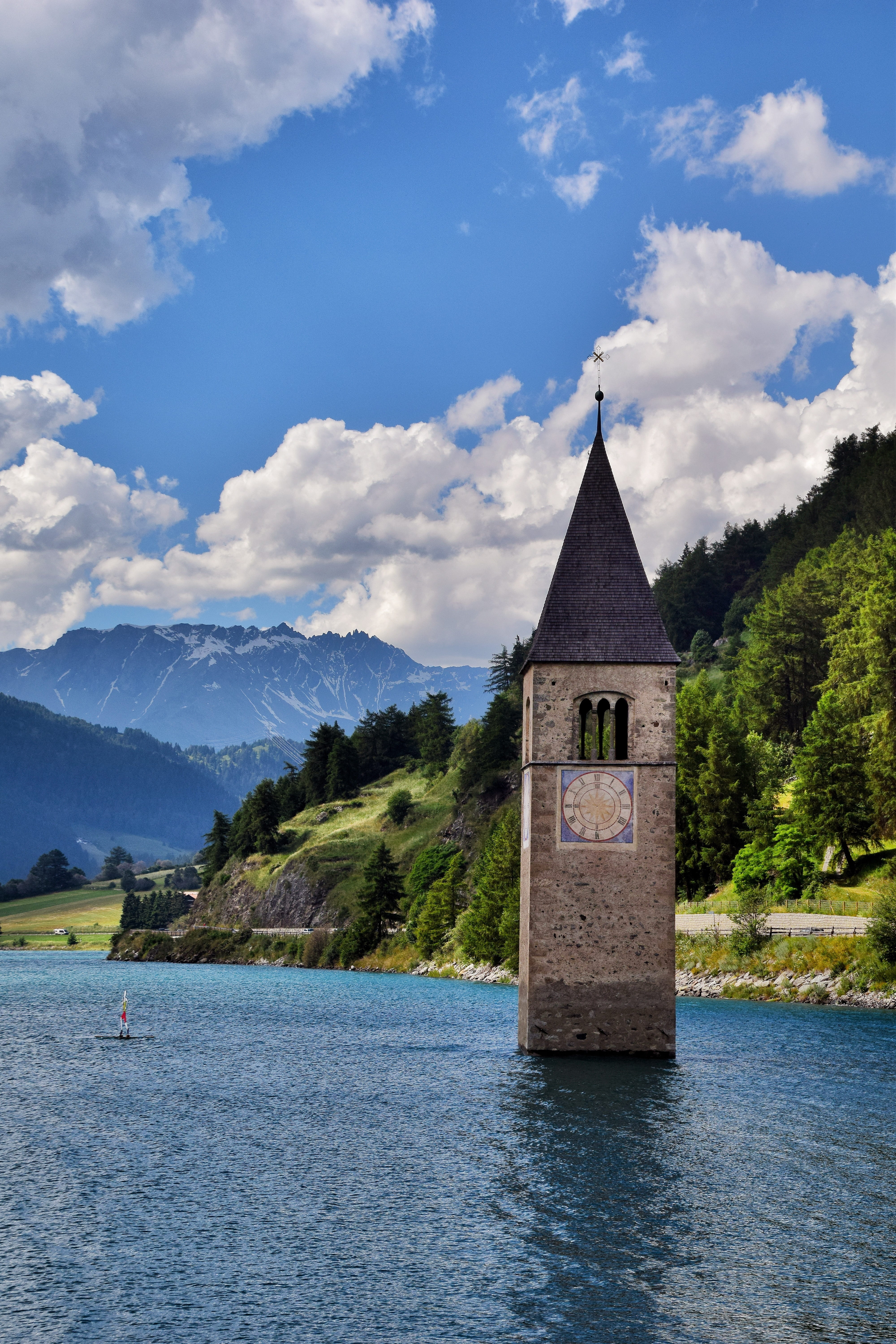 mountain, detail, body, tyrolean, alps, water, spirituality, landscape, concrete, sky, religion, lake, cloud - sky, mountains, altoadige, nature, day, place of worship, Phone HD Wallpaper