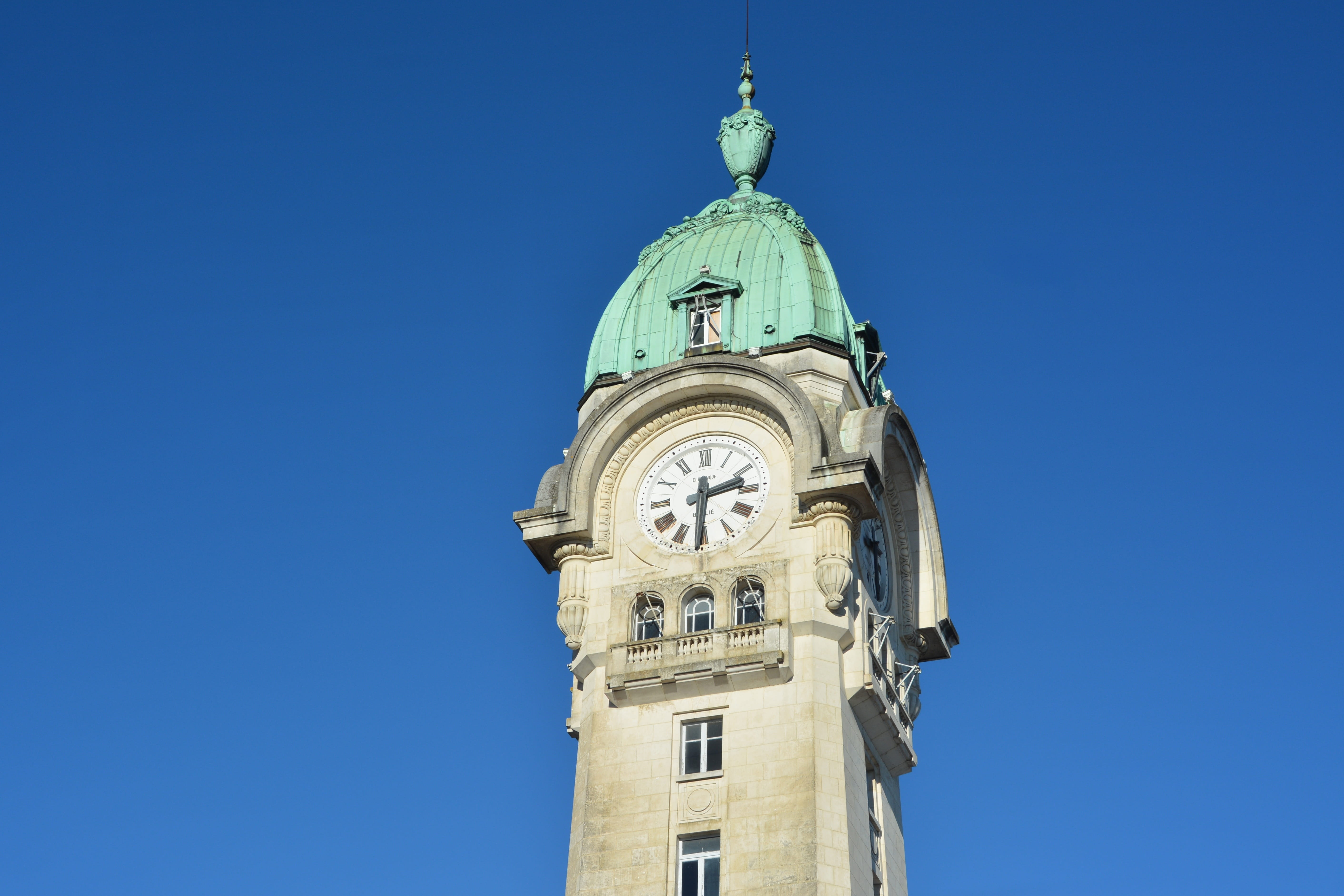 low angle view, architecture, no people, belief, copy space, campanile, clock face, building exterior, 5K, spire, clock, blue, time, roof copper, religion, HD Wallpaper