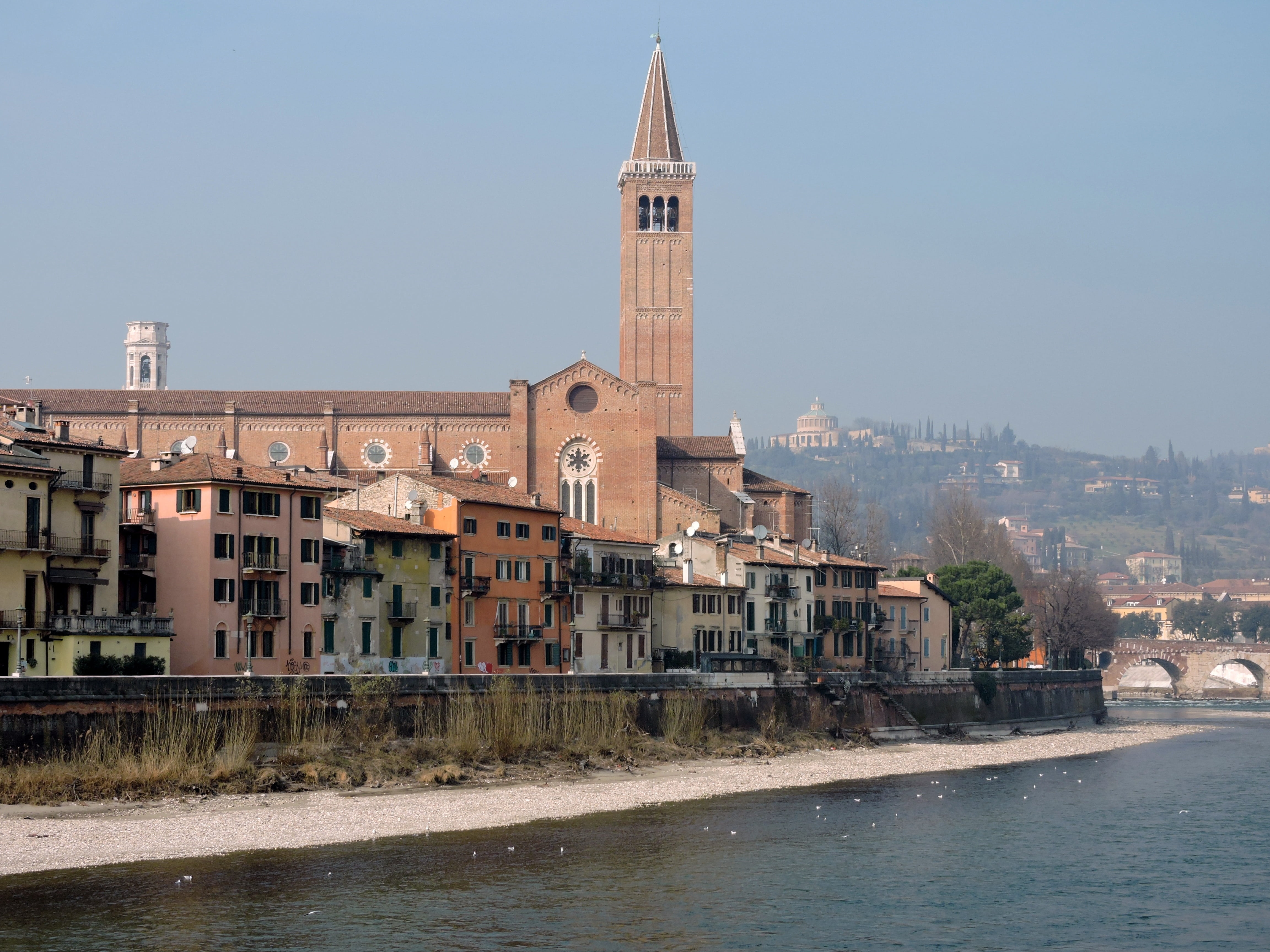 day, city, verona, built structure, landscape, belief, campanile, no people, spire, spirituality, waterfront, outdoors, sky, building, canal, place of worship, HD Wallpaper