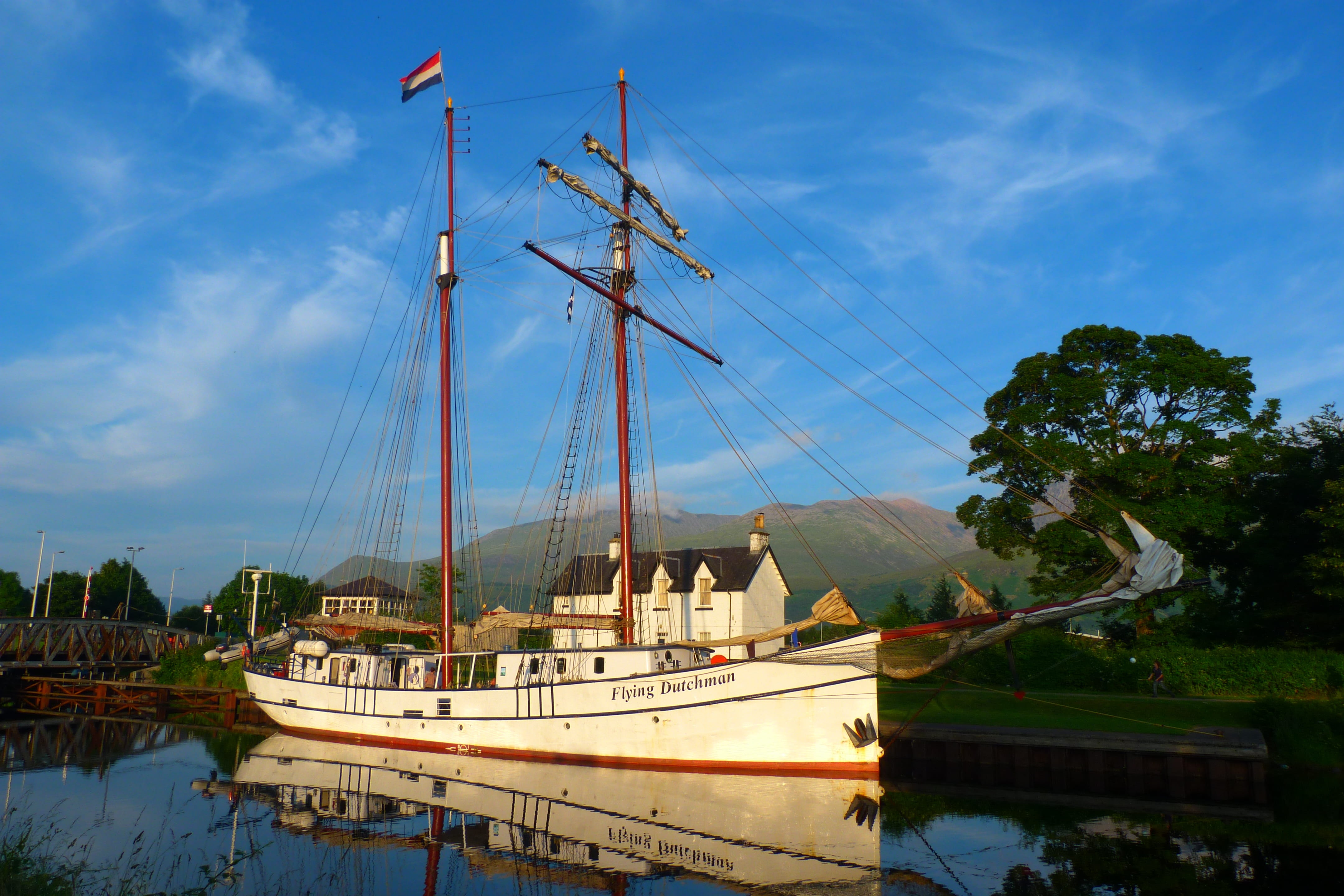 ship, nature, scotland, sailboat, mast, canal, moored, mode of transportation, sky, sailing ship, transportation, sailing, outdoors, caledonian, plant, HD Wallpaper