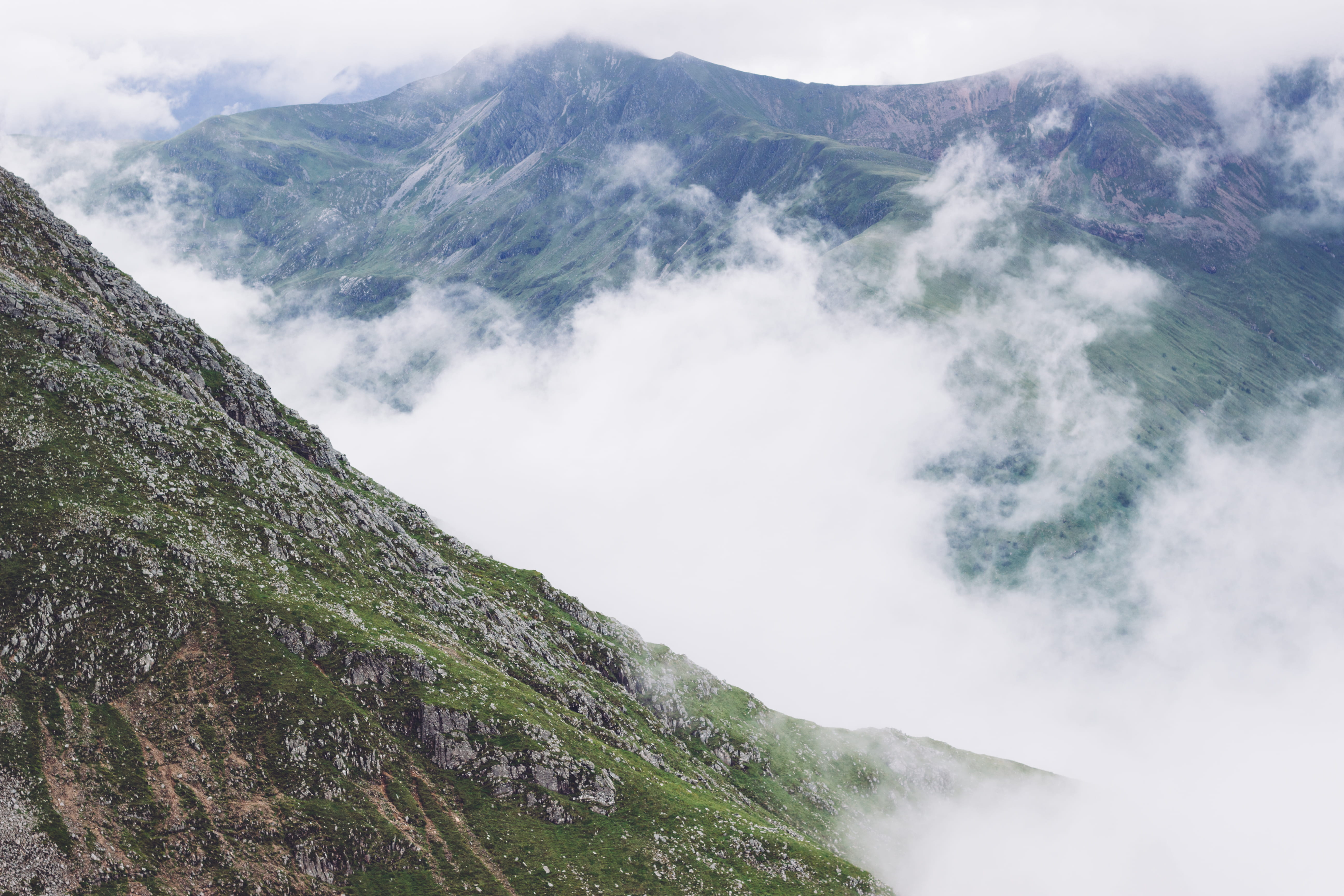 day, cloud, mountain peak, rockface, idyllic, summit, power in nature, aerial, environment, tranquil scene, natural elevation, 5K, plant, daytime, surrounded, HD Wallpaper
