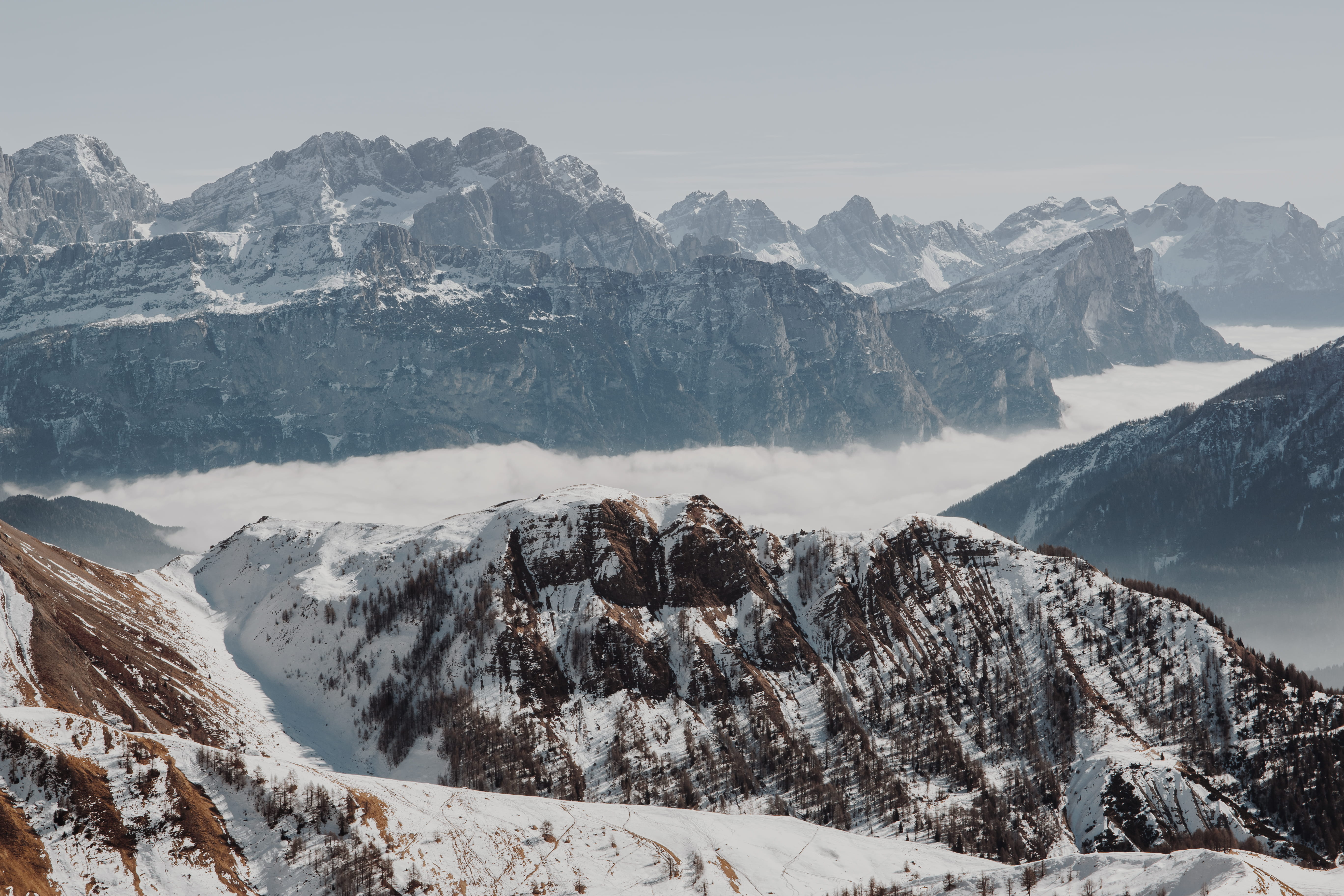 snowcapped mountain, climate, landscape, forest, trees, mountains, canazei, 5K, formation, clouds, discover, outdoors, tranquility, cold temperature, scenics - nature, HD Wallpaper