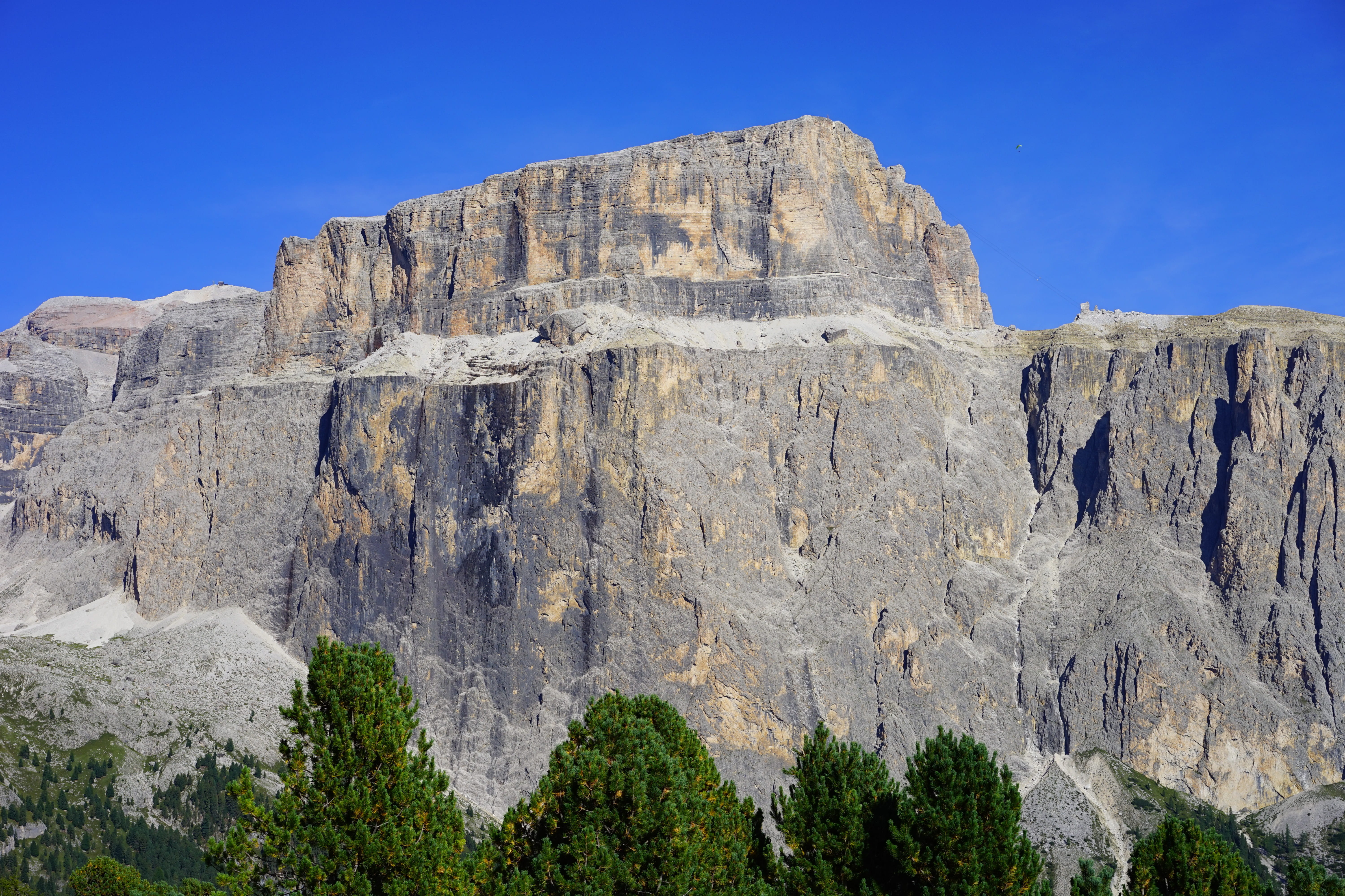 cliff, mountain peak, dolomites, imposing, mountain landscape, pine tree, formation, 5K, sky, unesco world heritage, nature, rock - object, rock, rocky, HD Wallpaper