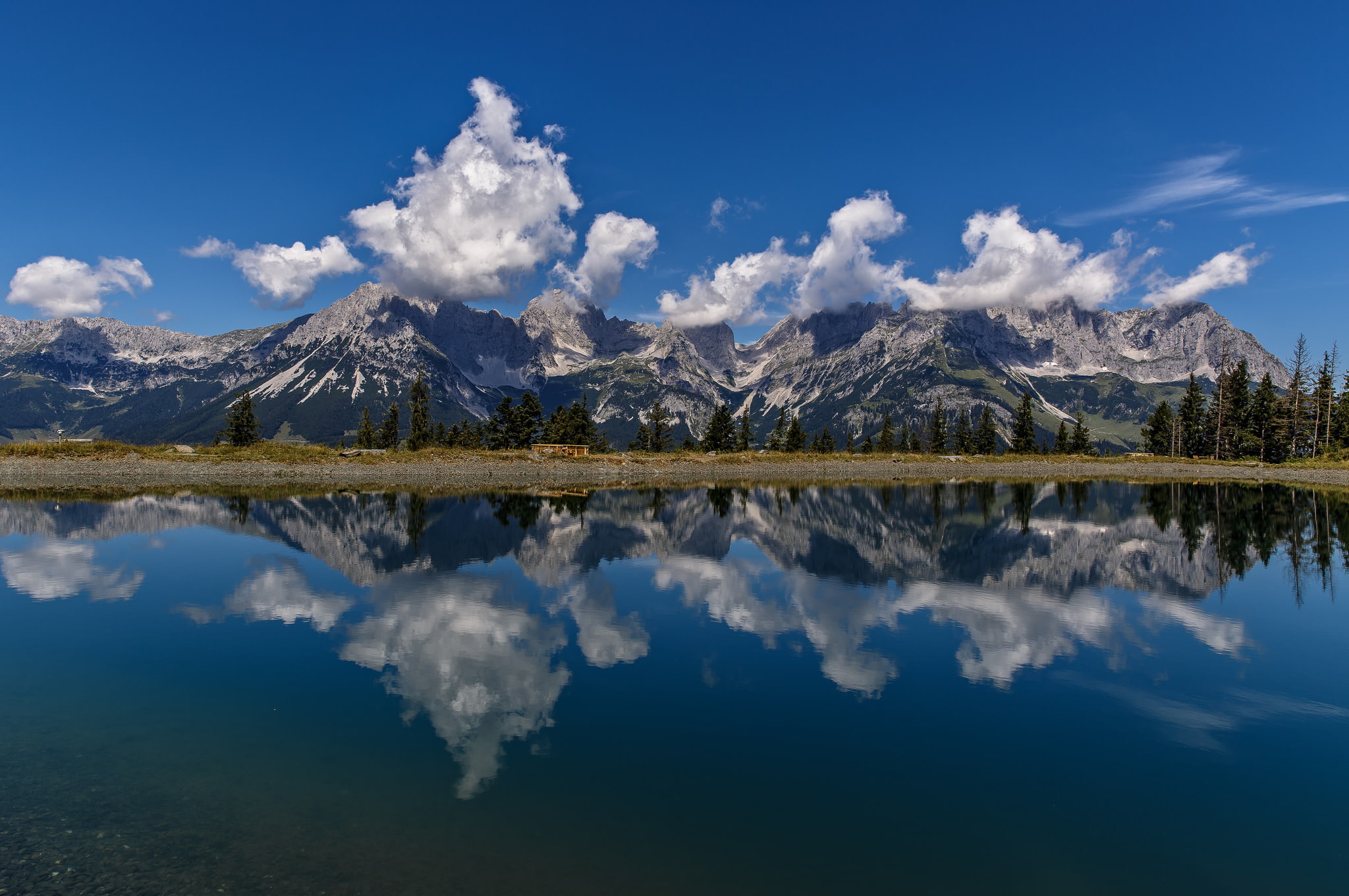 lake, the ridge of the Wilder Kaiser, the Kaiser mountains, Alps, reflection, Wilder Kaiser, Tyrol, Austria, 1080P, Kaiser Mountains, mountains, Tirol, HD Wallpaper