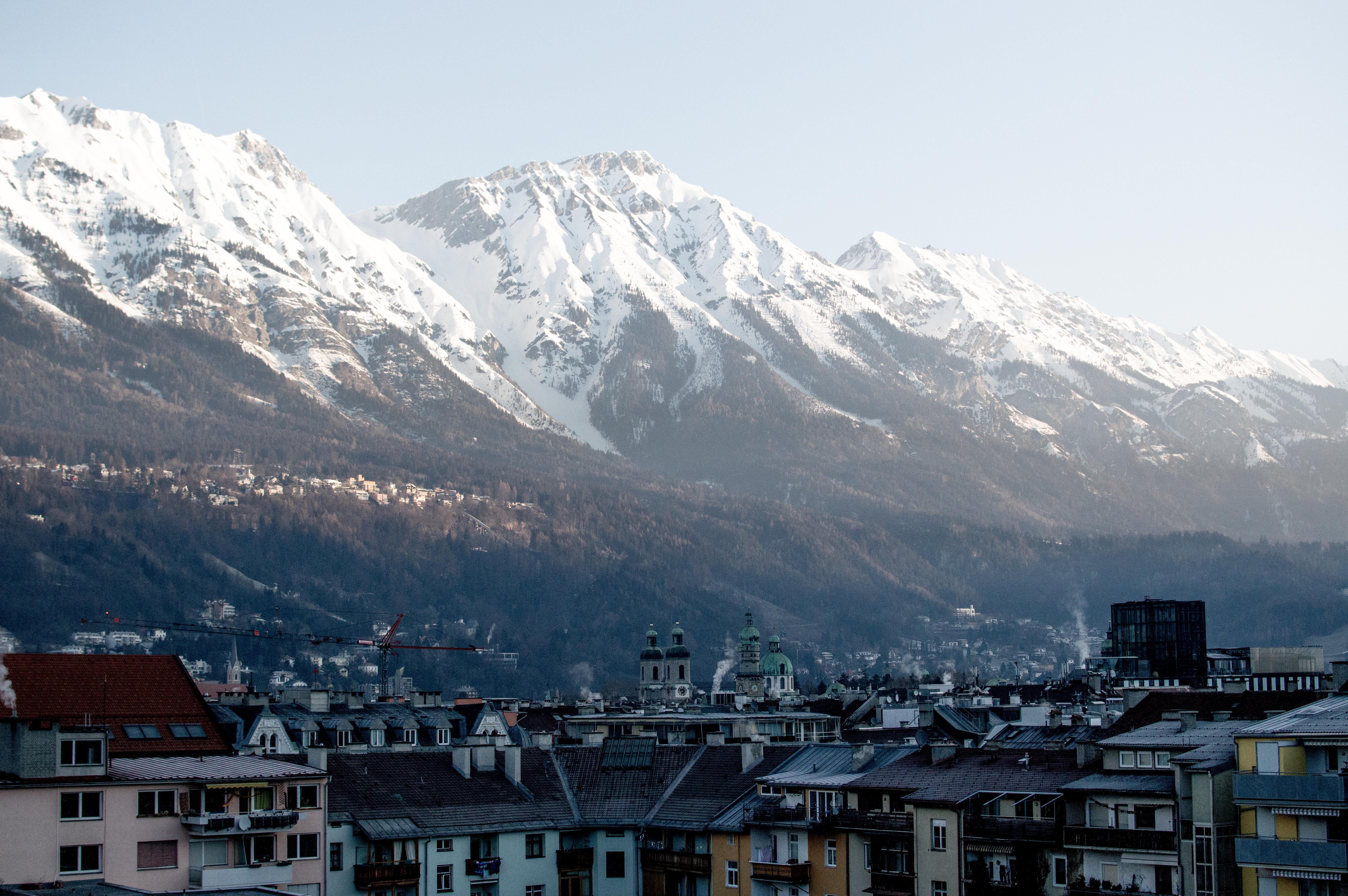 residential district, built structure, architecture, building, scenics - nature, day, mountain range, snowcapped mountain, sky, city, urban, spire, austria, HD Wallpaper