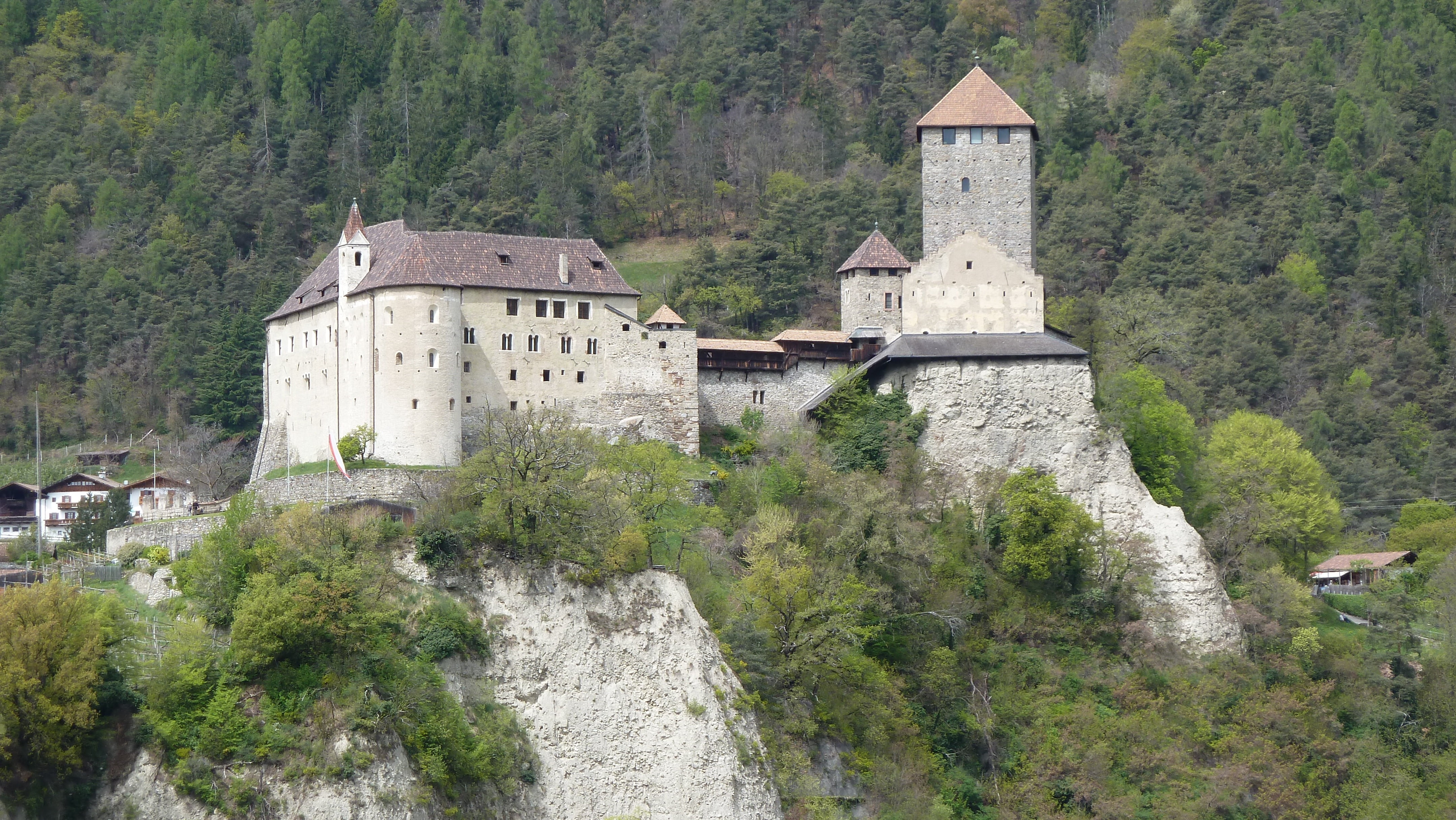 land, no people, panorama, plant, building exterior, castle tirol, forest, building, built structure, palm trees, tree, outdoors, scenics - nature, meran, HD Wallpaper