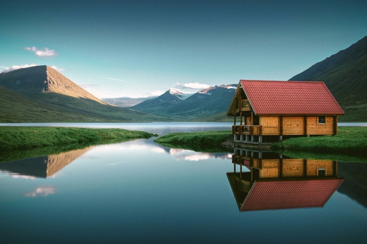 day, house, architecture, nature, sky, landscape, mountain range, cabin, building, lake, mountains, tranquility, tranquil scene, water, mountain, scenics - nature, HD Wallpaper