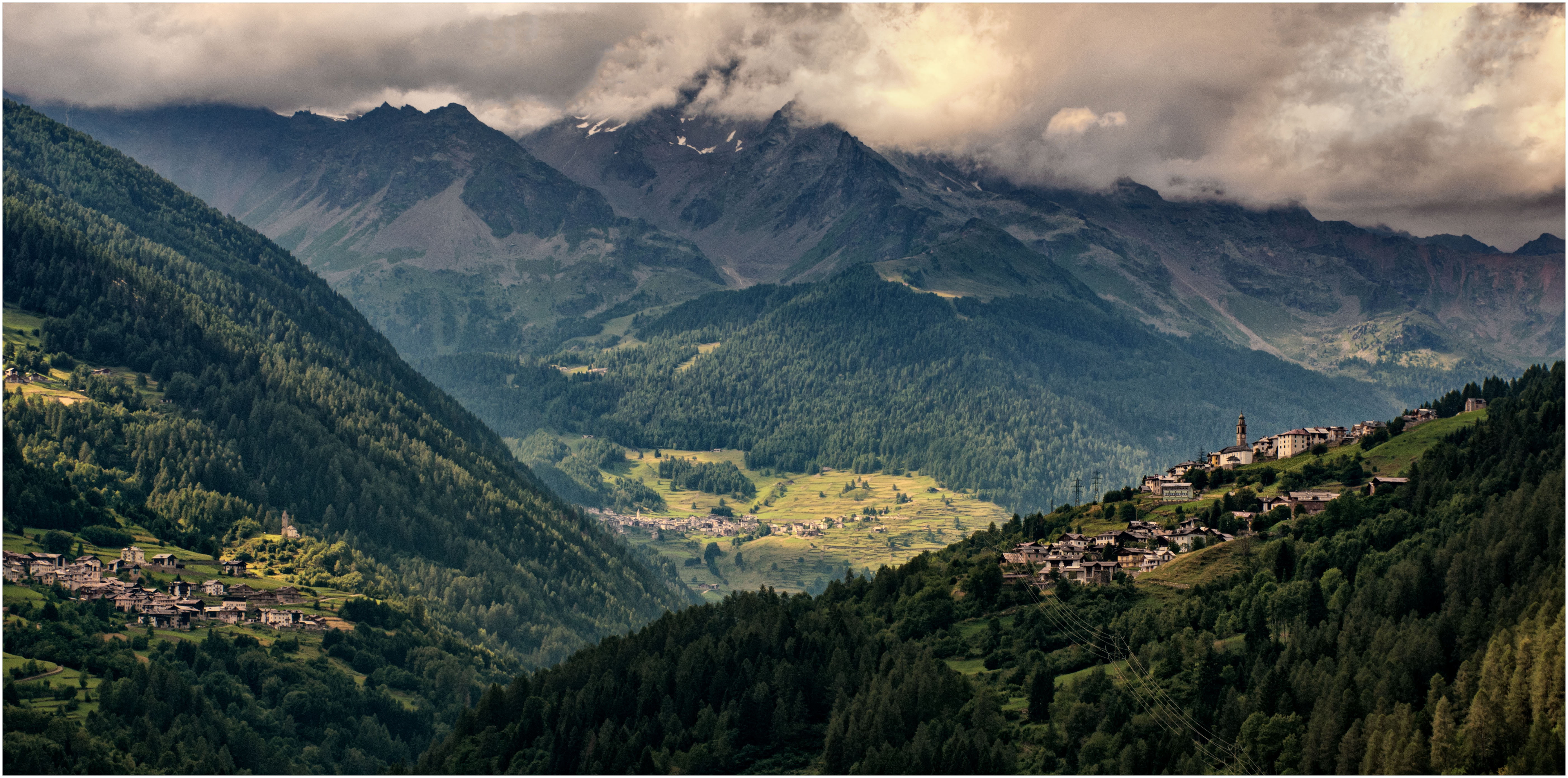 green, travel, Peio, view, mountain Range, european Alps, sunshine, cloudy, mountain, villages, Val di Sole, summer, Trentino, valley, aerial view, aerial, HD Wallpaper