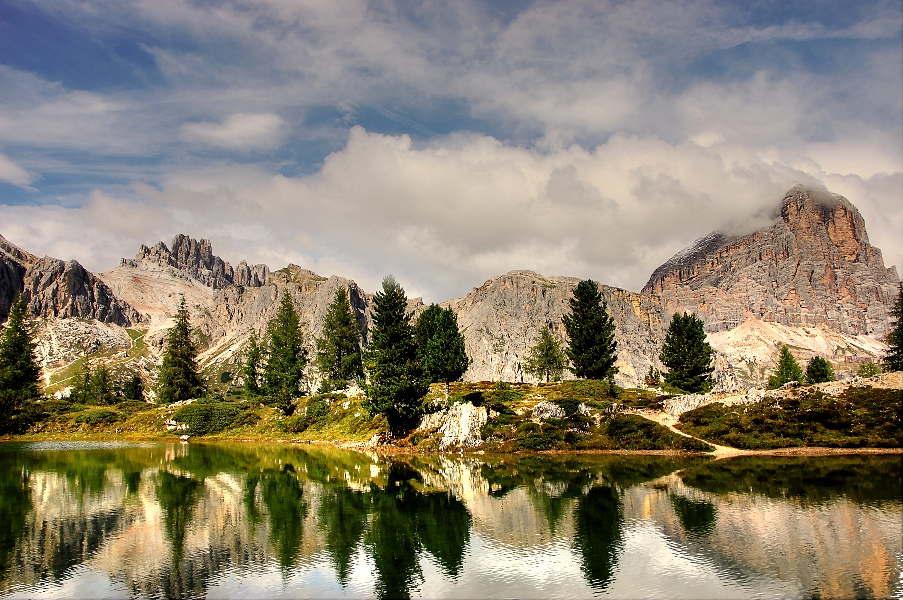 hiking, outdoors, nature, mountain landscape, 2K, coniferous tree, mountain range, rock, panorama, landscape, lake, unesco world heritage, cloud - sky, HD Wallpaper