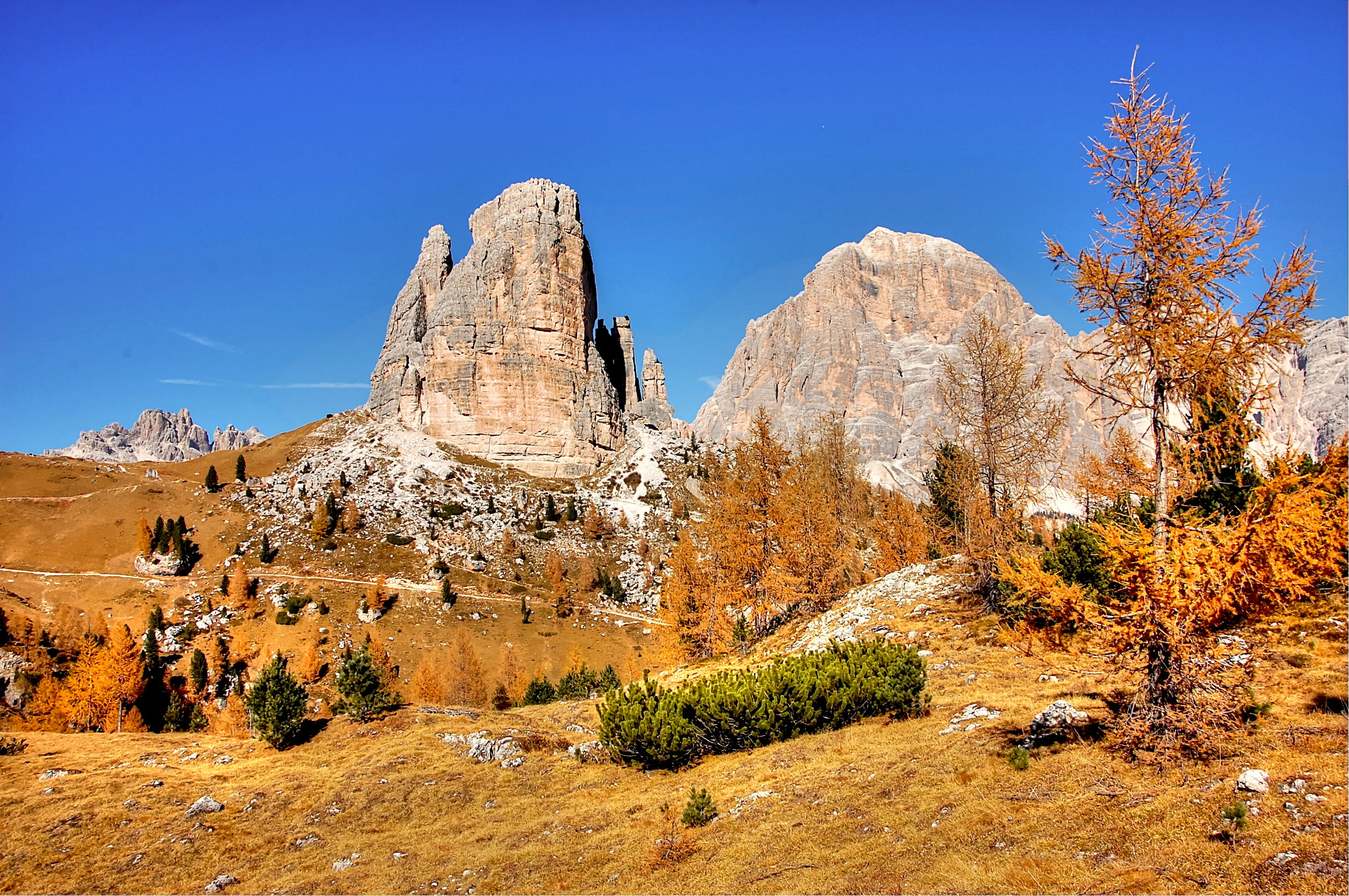 mountain, alm, wall, summer, rock, eroded, hiking, land, mountains, hike, nature, sky, tree, view, mountain pass, mountain landscape, plant, italy, dolomites, HD Wallpaper