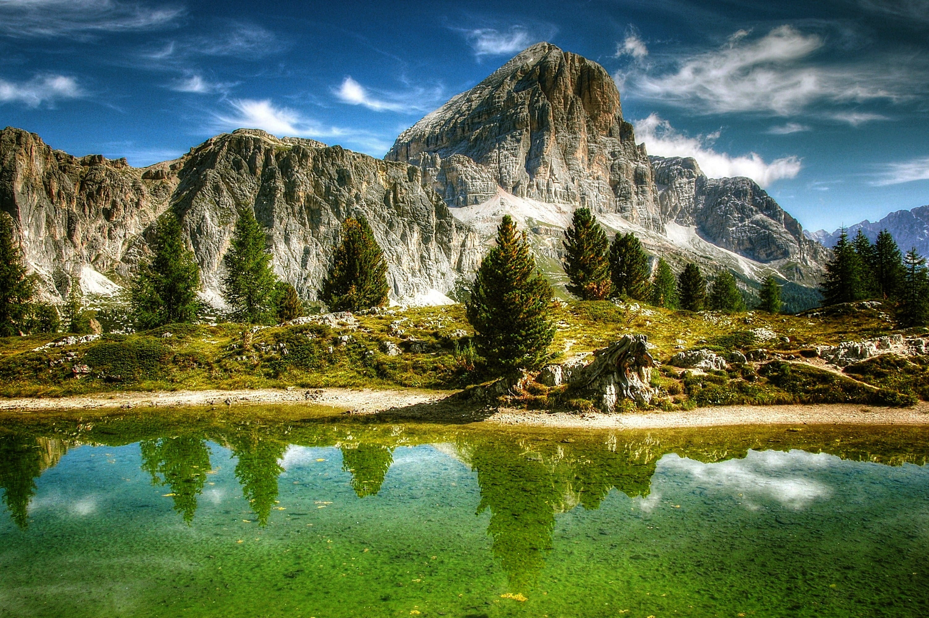 day, italy, grass, beauty in nature, idyllic, unesco world heritage, time, mountain range, belluno, dolomites, no people, tree, clear, near, tofane, water, HD Wallpaper