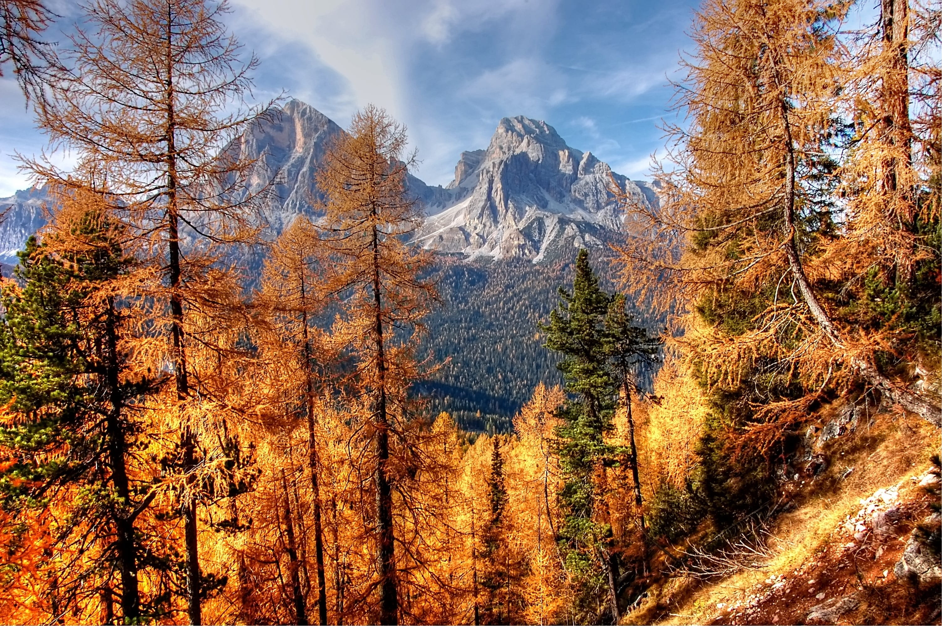 rock, nature, karg, lago federa, day, alpine panorama, snowcapped mountain, brown, clouds, tofana, panorama, belluno, forest, formation, mountains, italy, HD Wallpaper