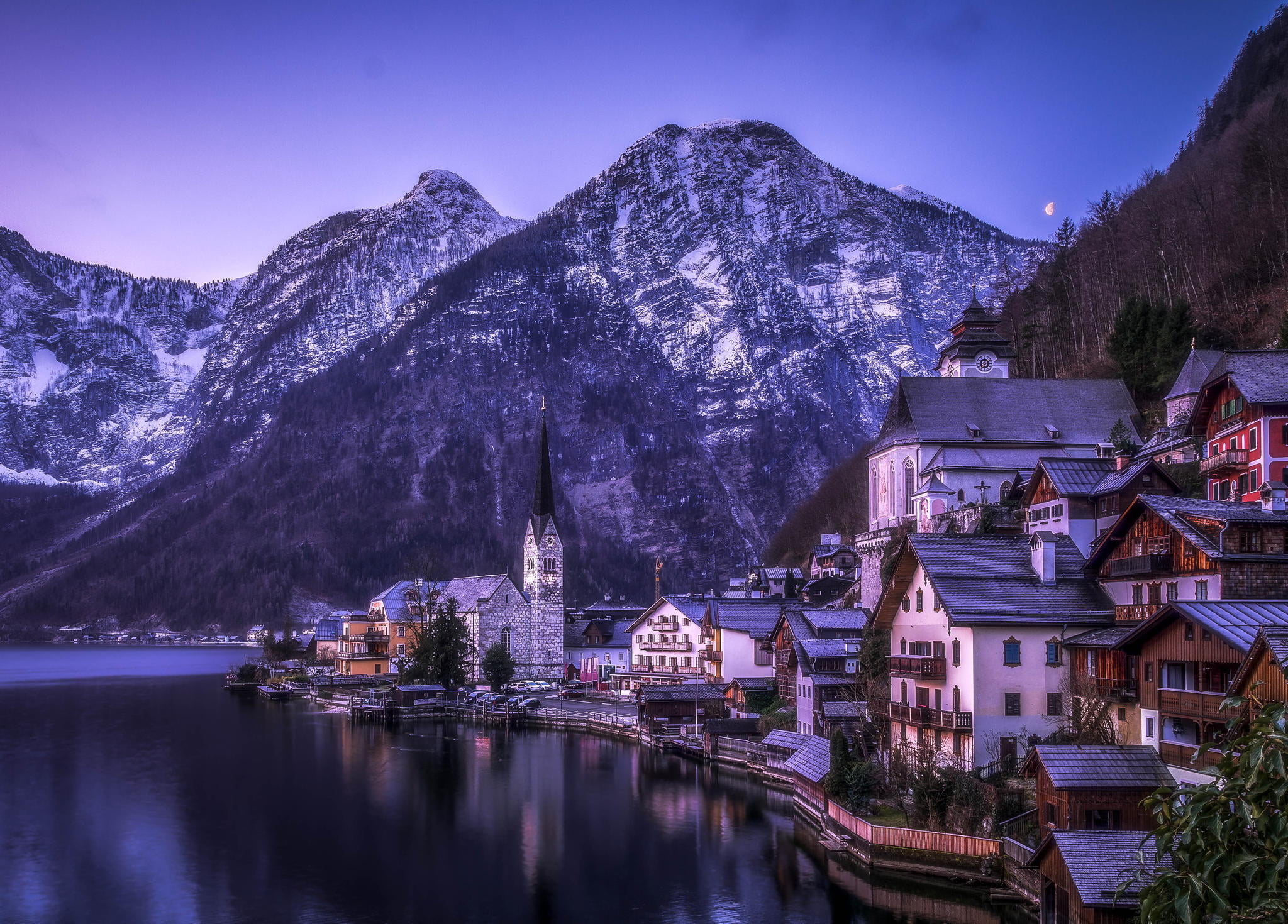 water, mountains, architecture, no people, built structure, houses, black, 1080P, beauty in nature, outdoors, a monument of UNESCO, tree, lake, sky, scenics - nature, HD Wallpaper